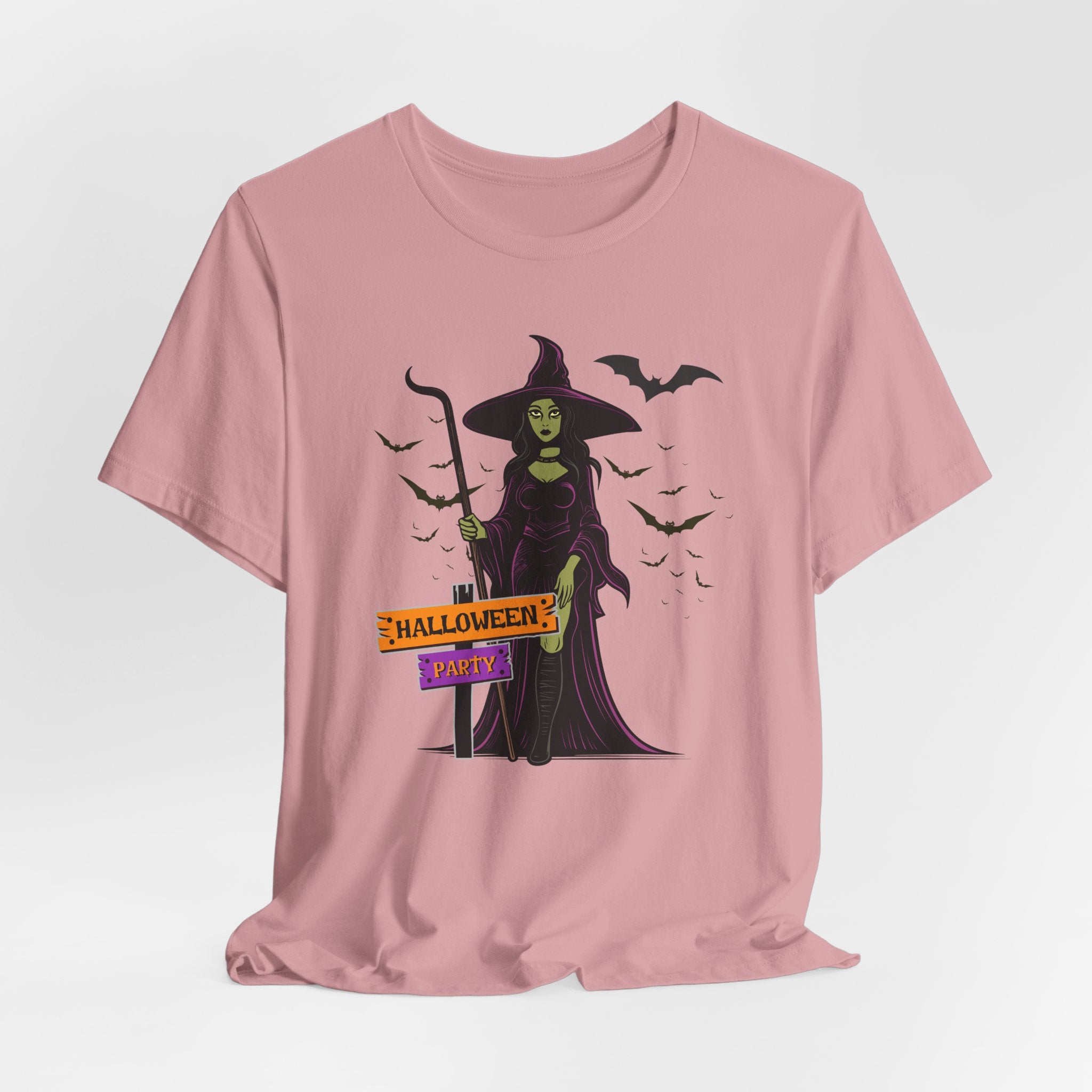 Orchid pink t-shirt with Halloween-themed design featuring a witch and bats on a white background