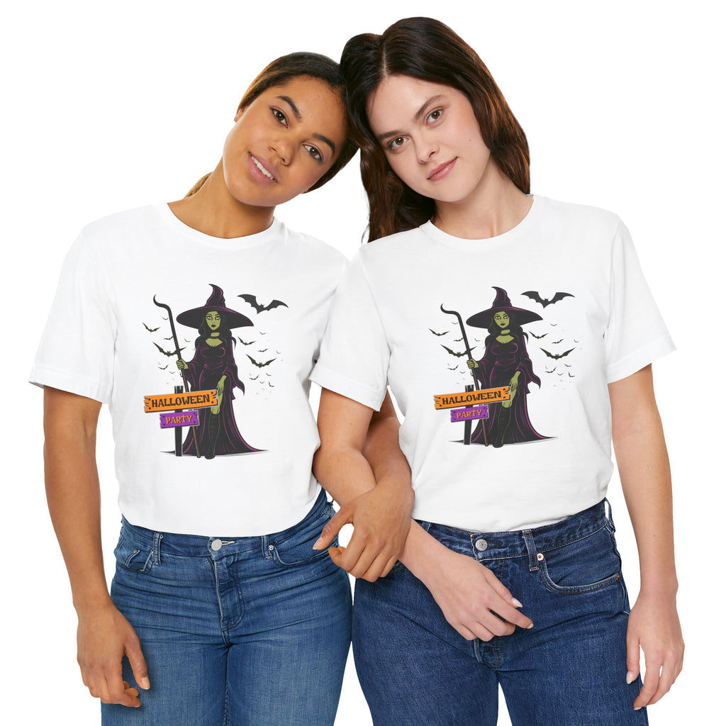Two people wearing white t-shirts with a witch graphic and 'Halloween' text on a white background.