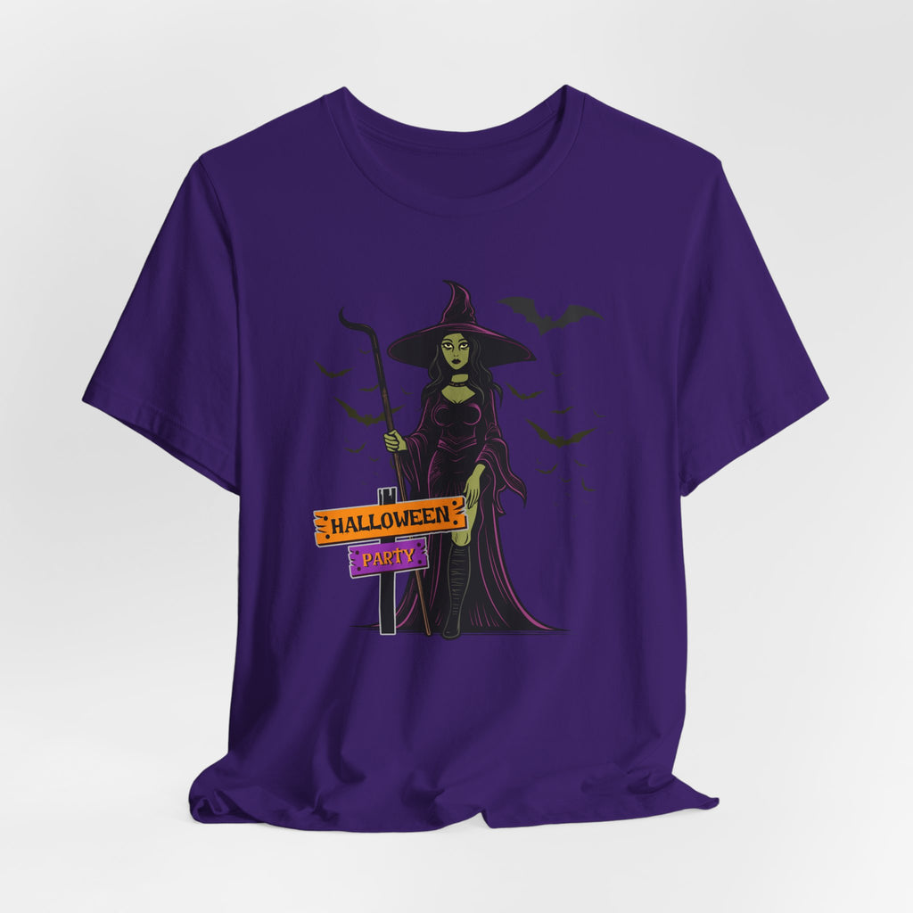 Purple t-shirt with a witch graphic and 'Halloween Party' text on a white background