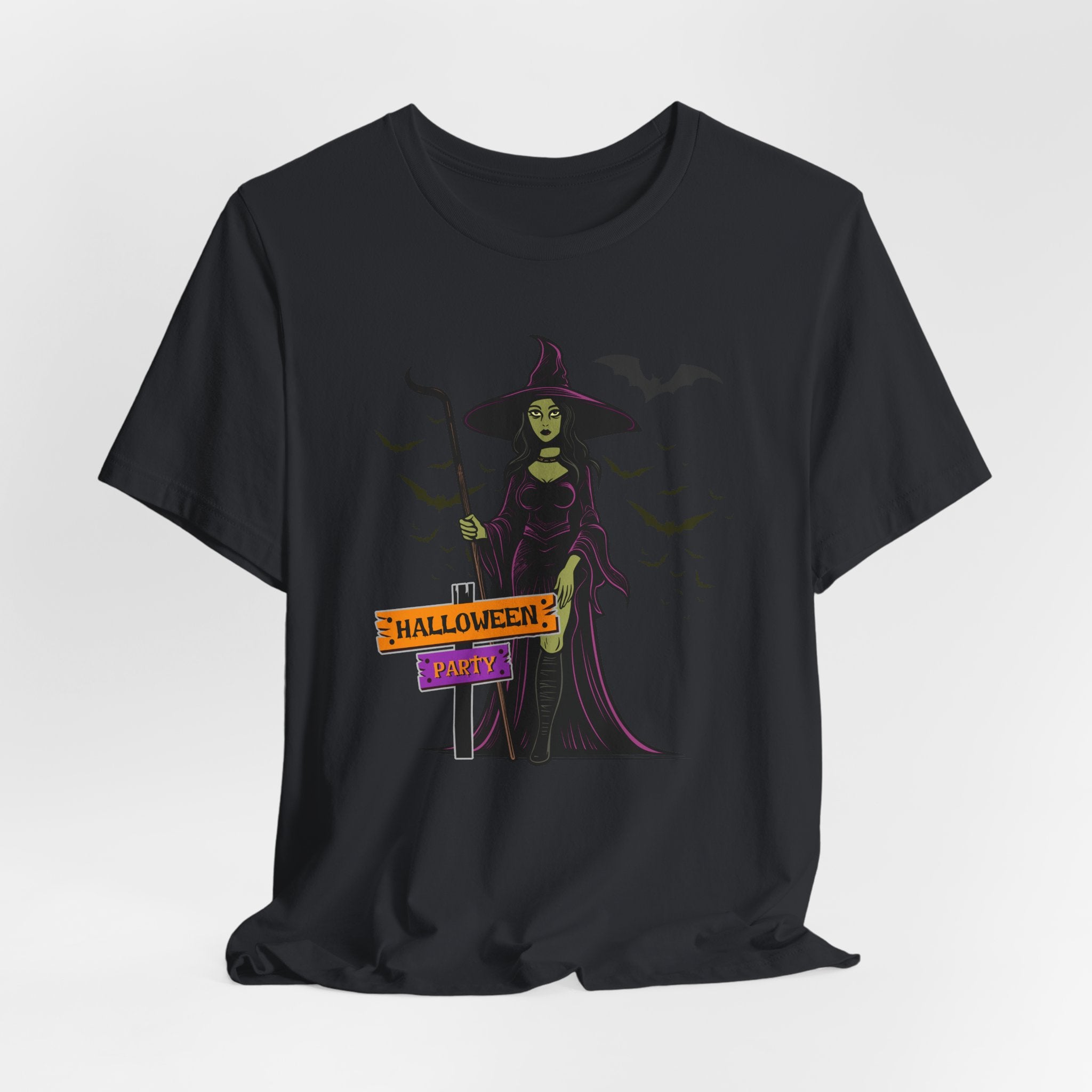 Vintage black t-shirt with a witch graphic and 'Halloween Party' text on a white background