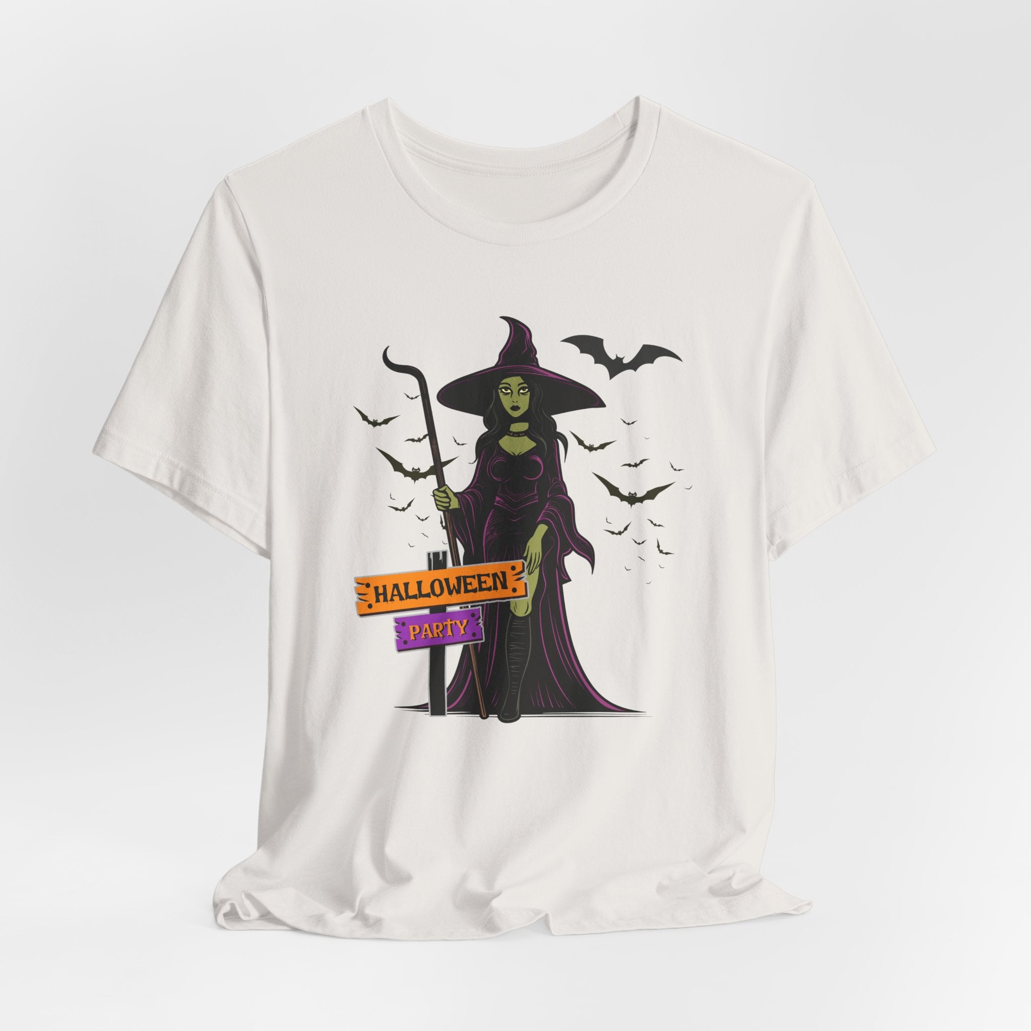 Vintage white t-shirt with a Halloween-themed design featuring a witch and bats on a white background
