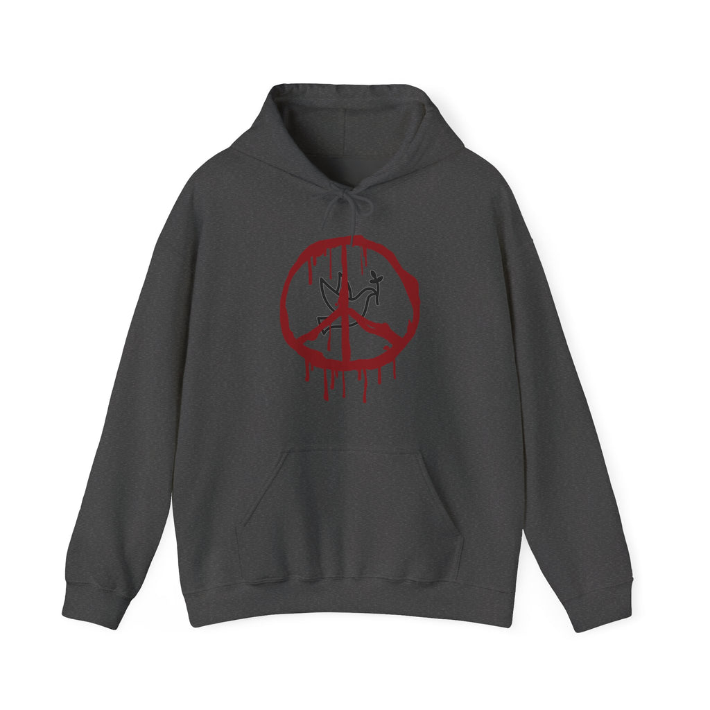 Gray hoodie with a red peace symbol design on a white background