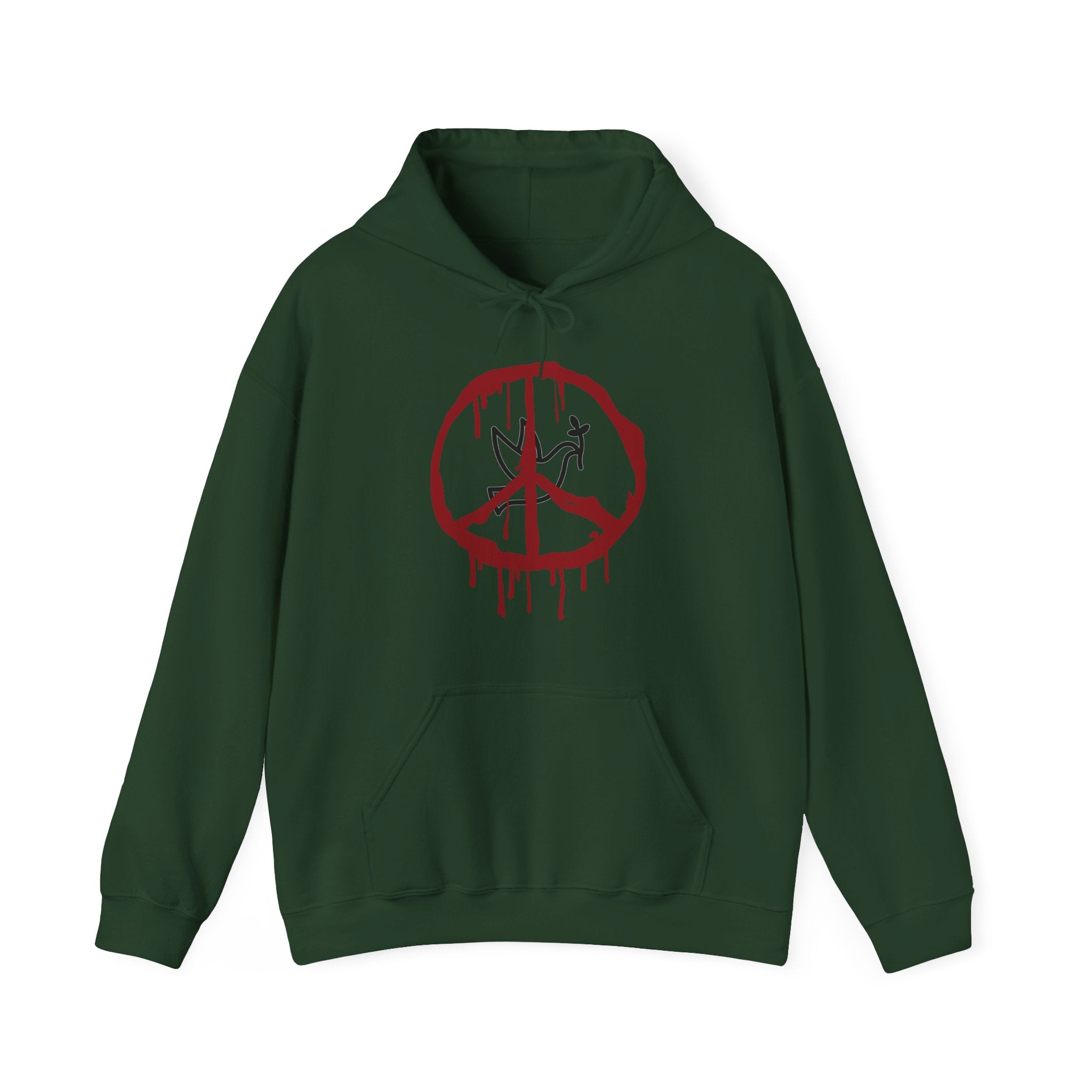 Green hoodie with a red peace symbol design on a white background