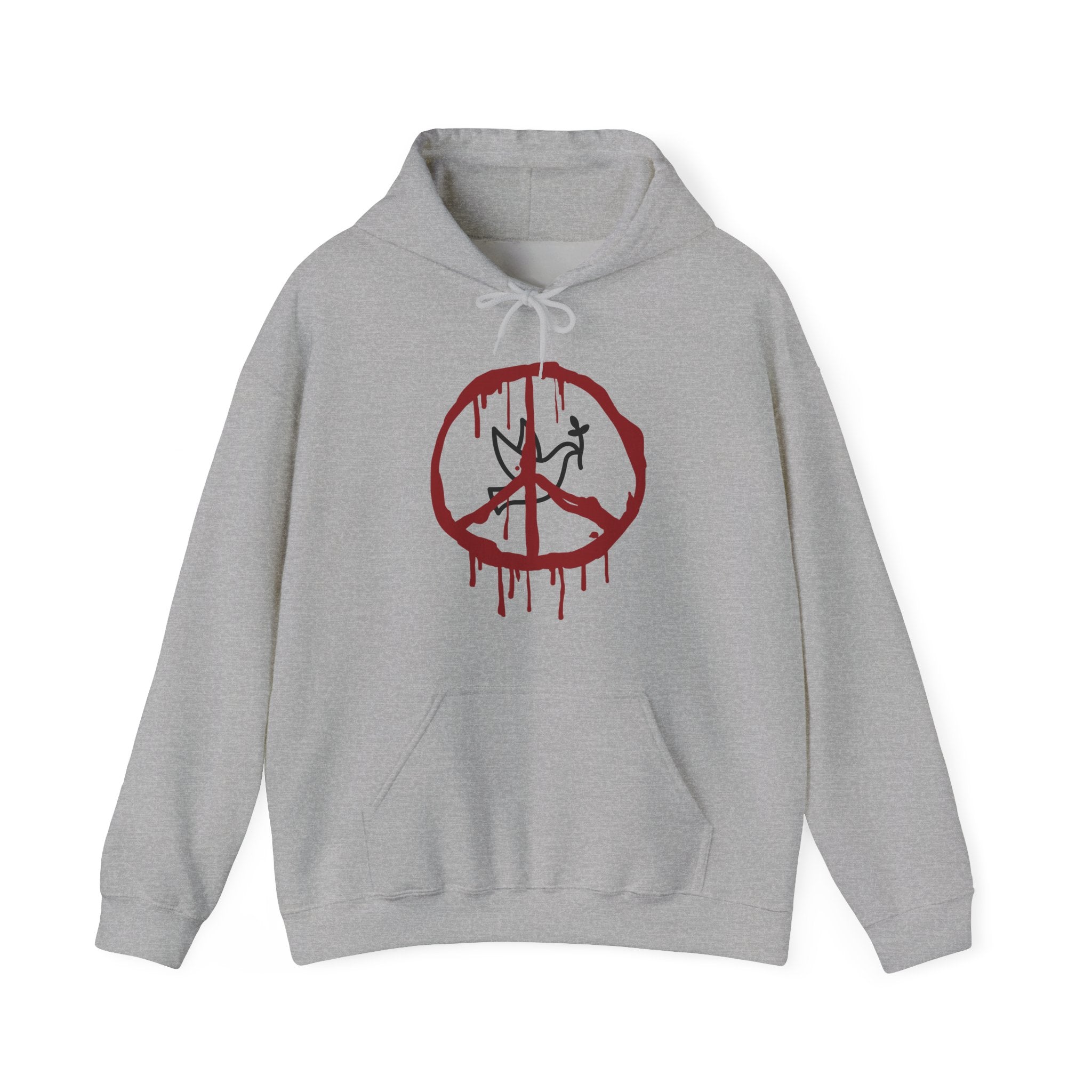 Gray hoodie with a red peace symbol design on a white background
