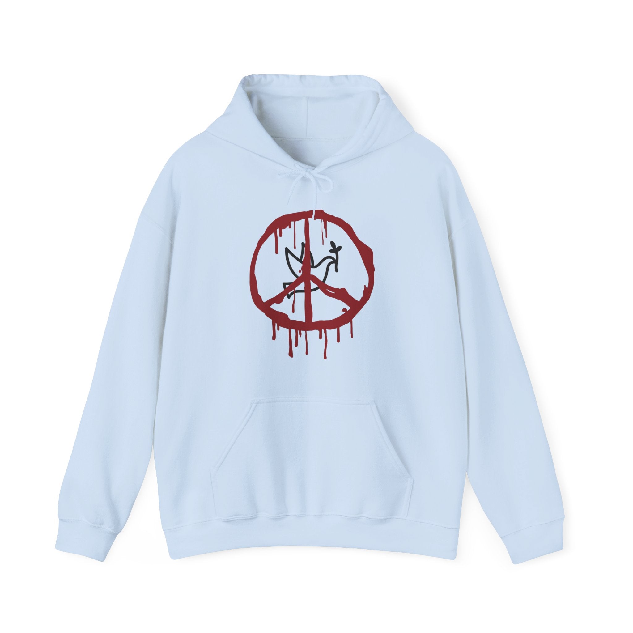 Light blue hoodie with a red peace symbol design on a white background