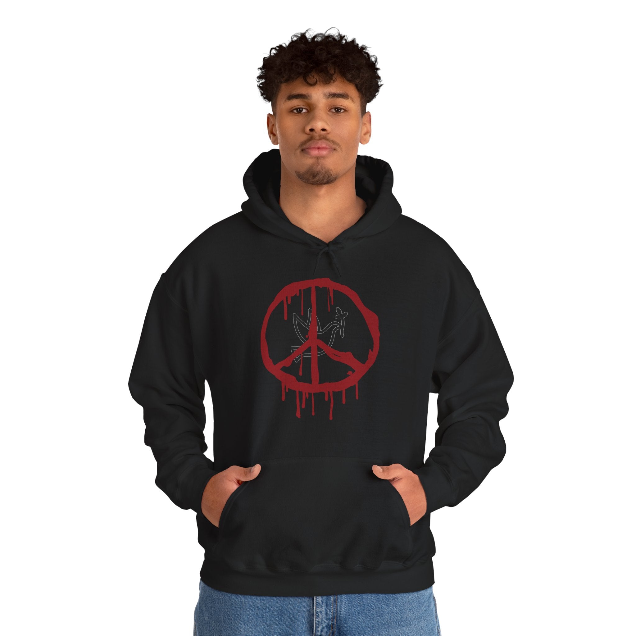 Person wearing a black hoodie with a red peace symbol design on a white background