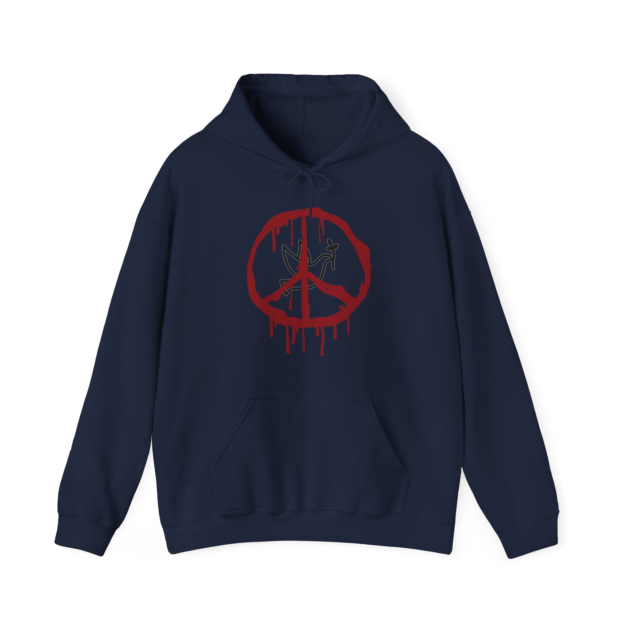 Navy blue hoodie with a red peace symbol design on a white background