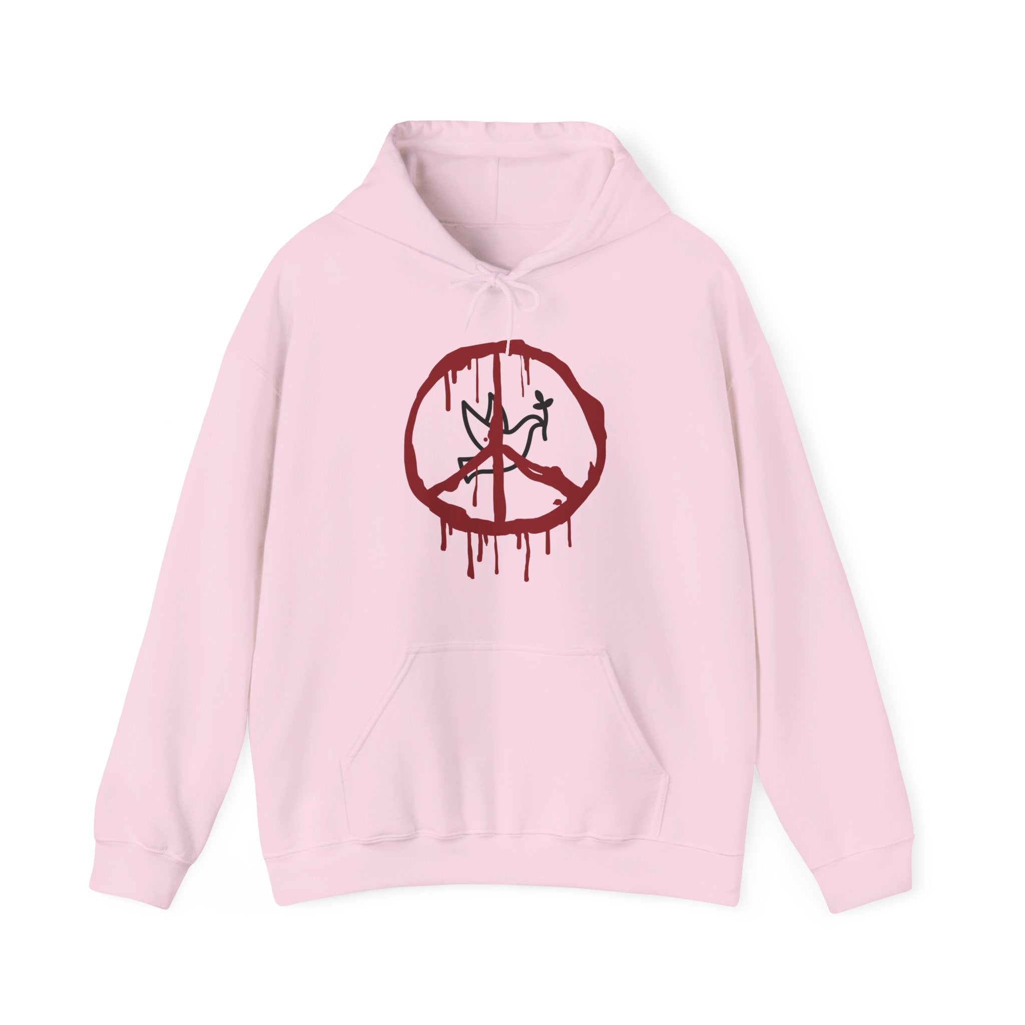 Pink hoodie with a red peace symbol design on a white background