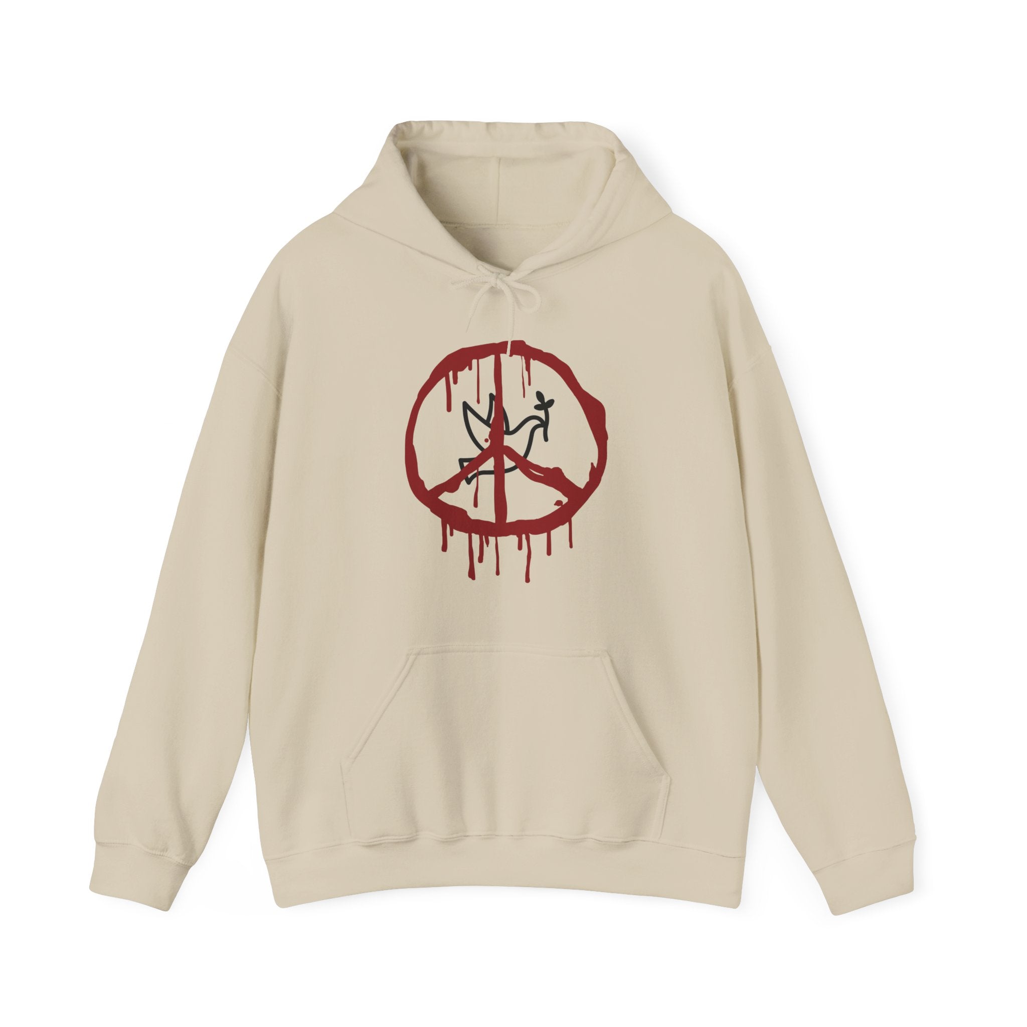 Beige hoodie with a red peace symbol design on a white background