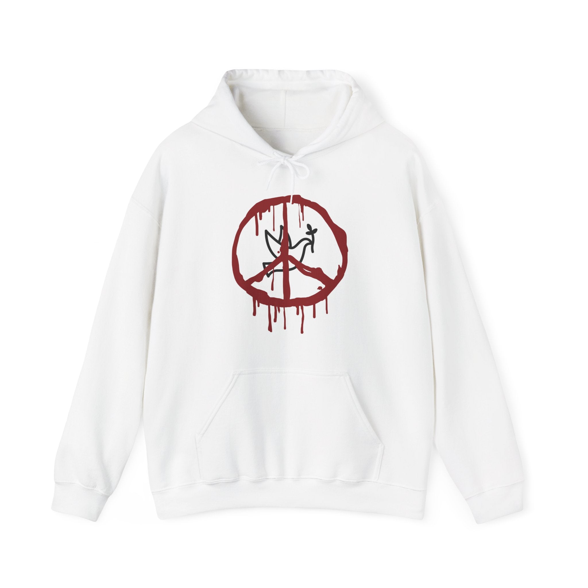 White hoodie with a red peace symbol design on a white background