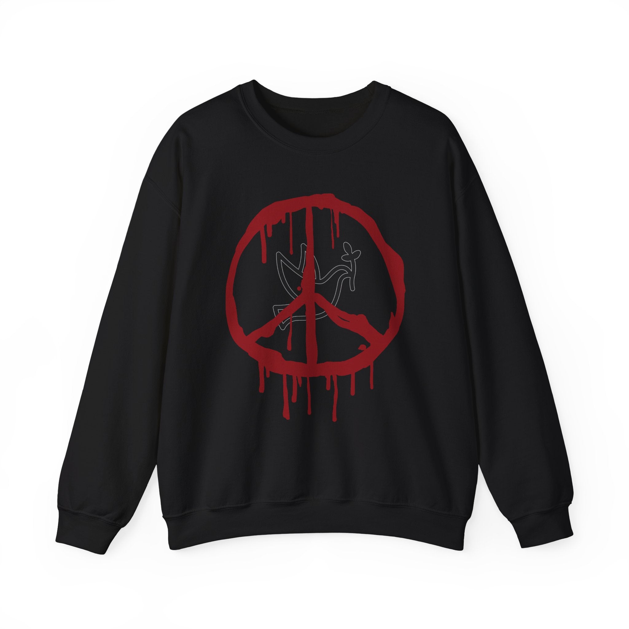 Black sweatshirt with a red peace symbol design on a white background