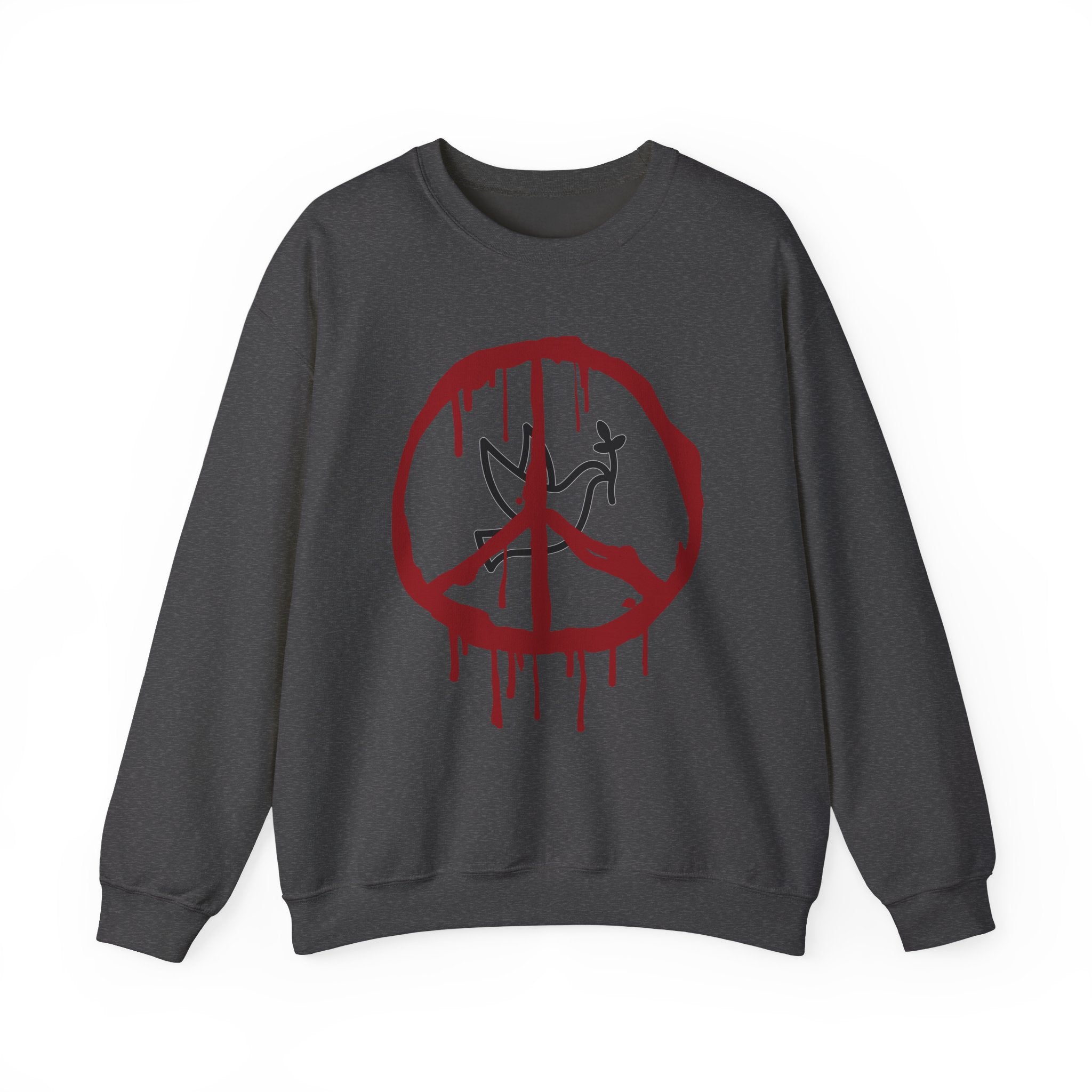 Gray sweatshirt with a red peace symbol design on a white background