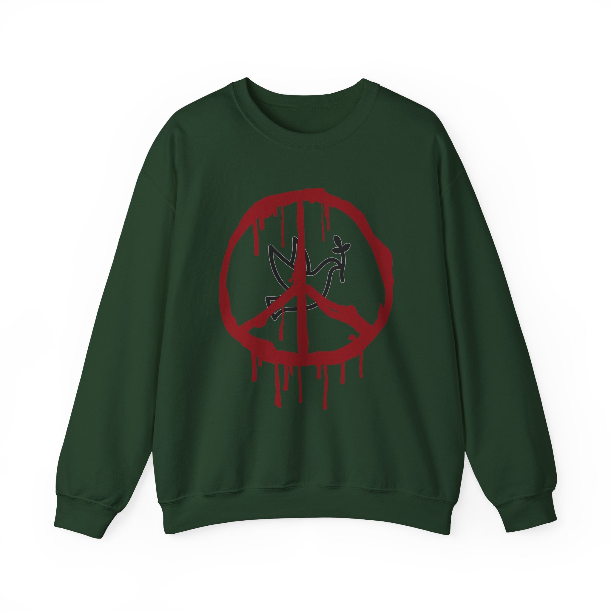 Forest green sweatshirt with a red peace symbol and black figure on a white background