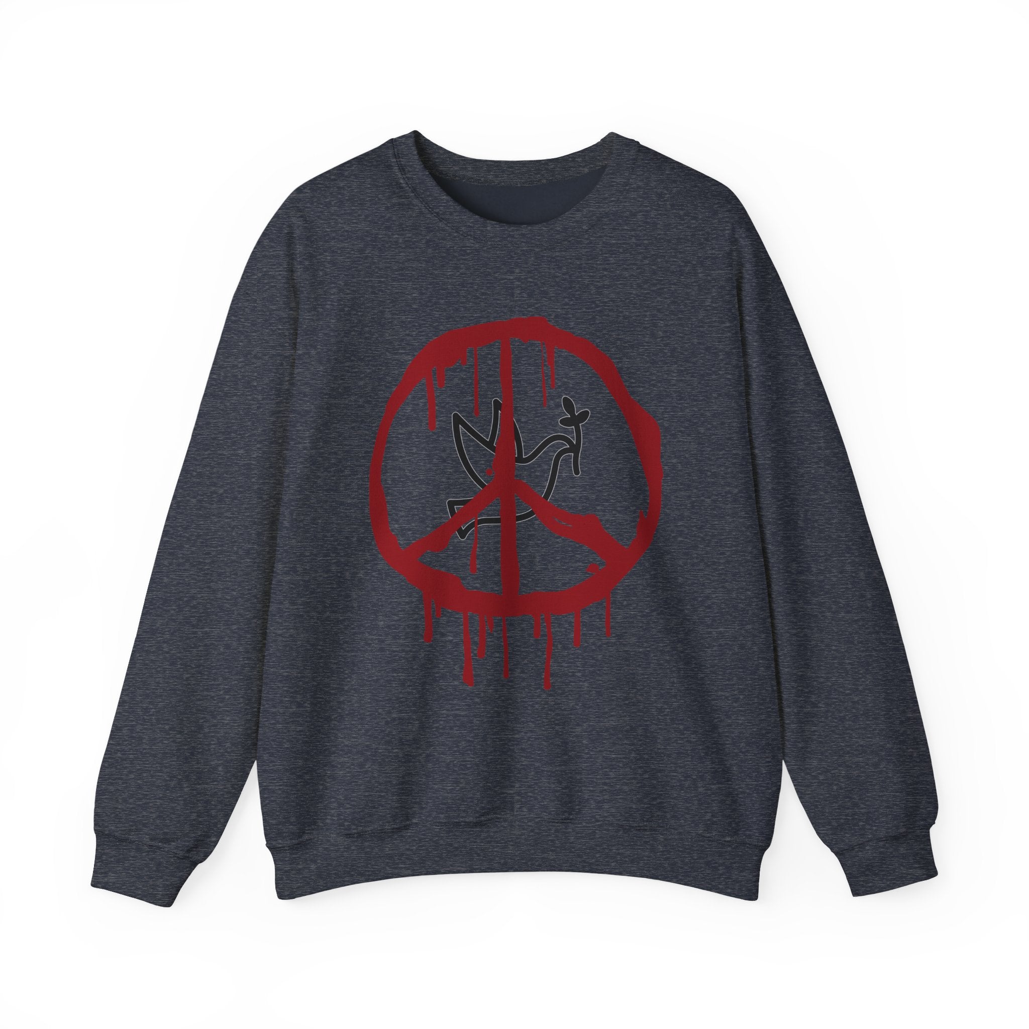 Gray sweatshirt with a red peace symbol design on a white background