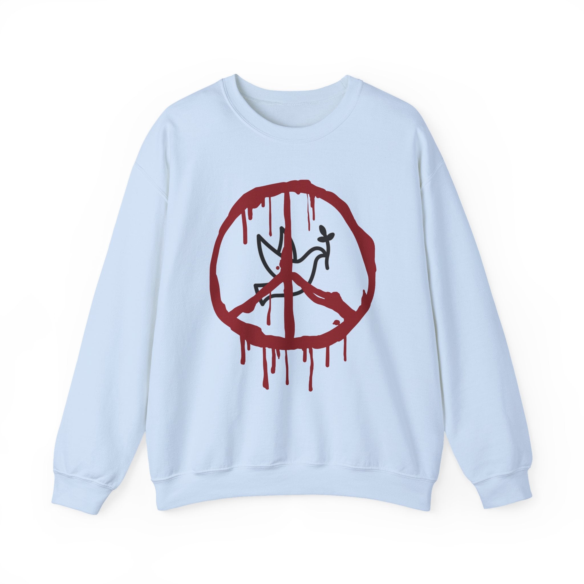 Light blue sweatshirt with a red peace symbol design on a white background