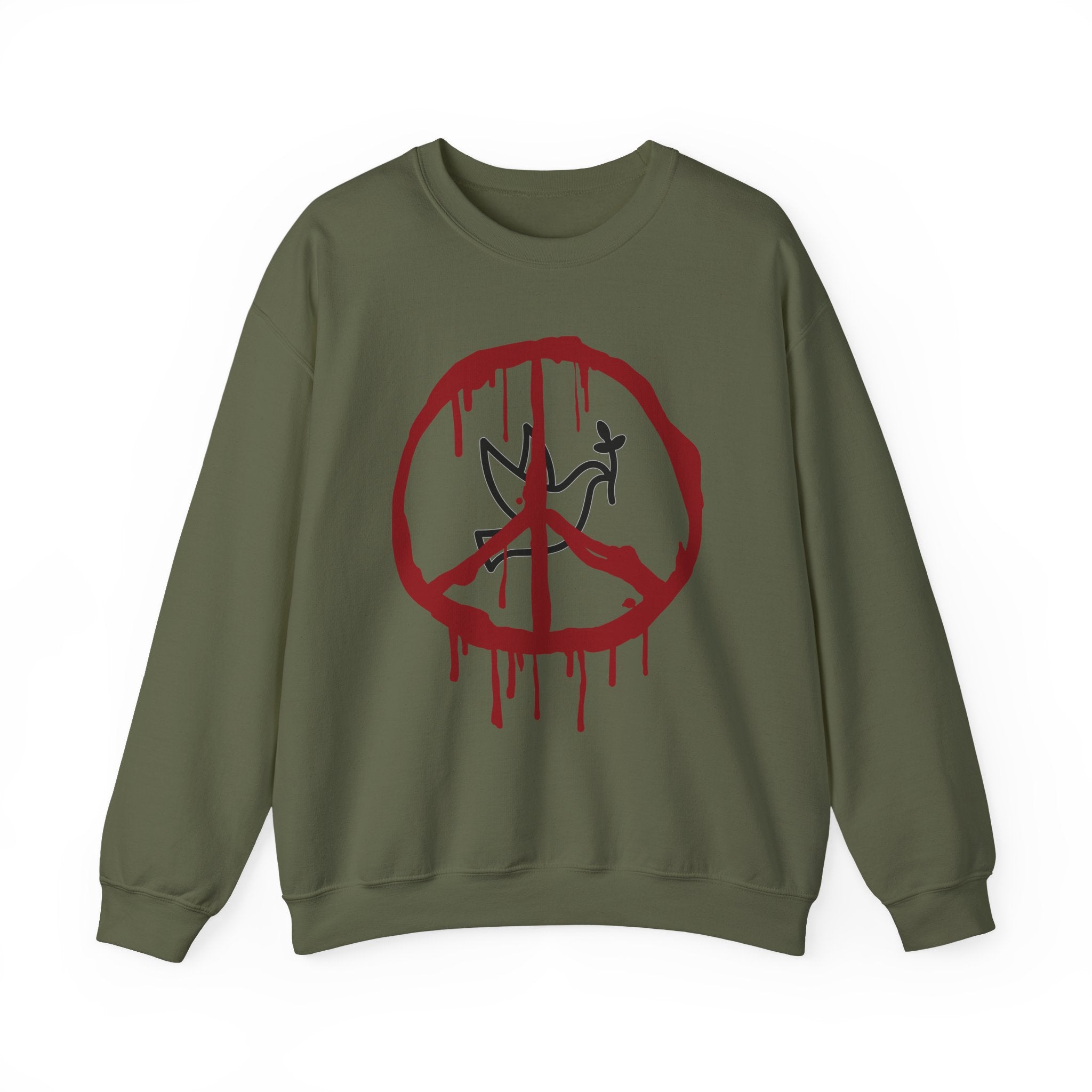 Military green sweatshirt with a red peace symbol design on a white background