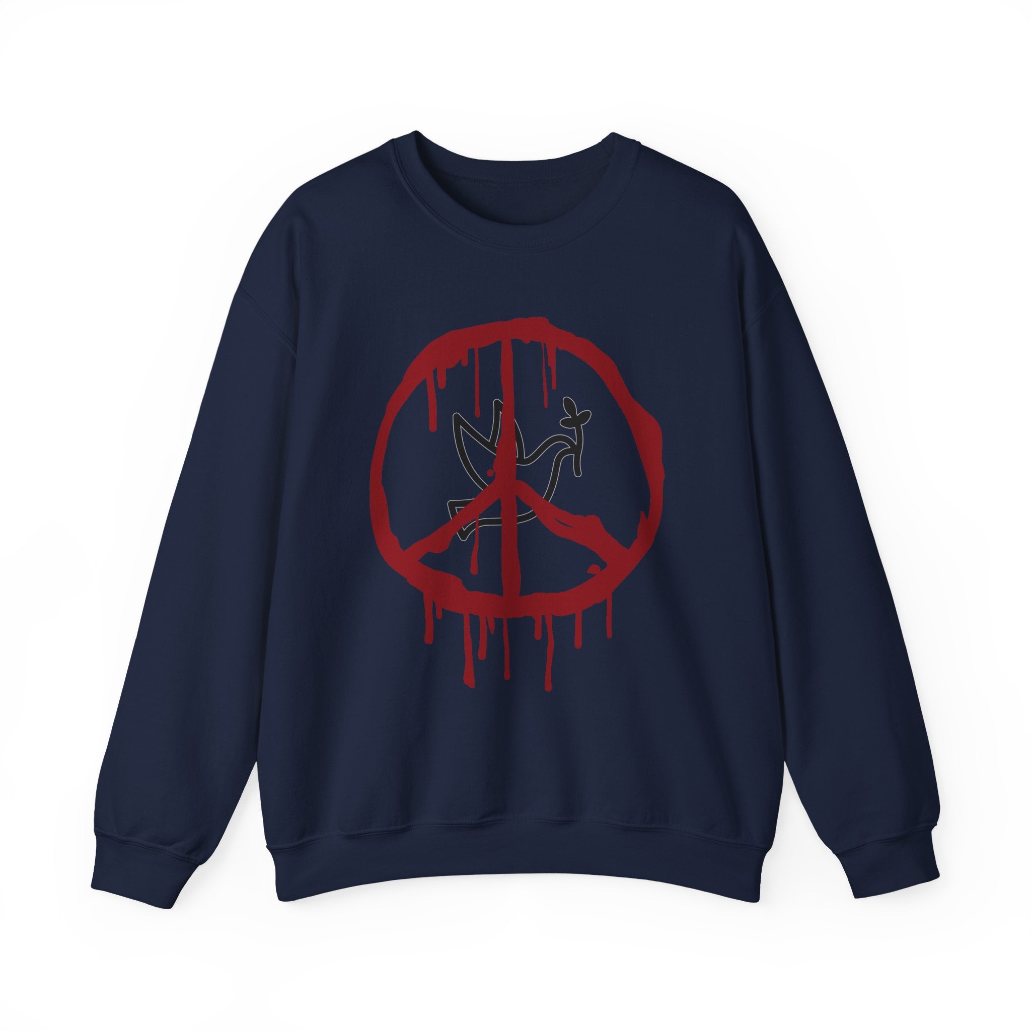 Navy blue sweatshirt with a red peace symbol design on a white background