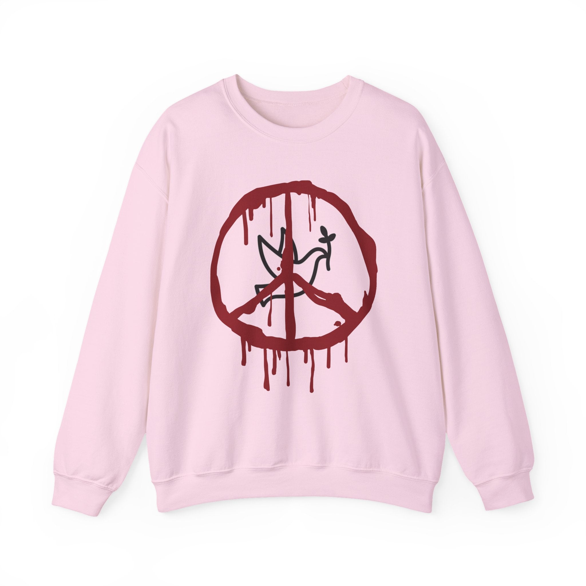Pink sweatshirt with a red peace symbol design on a white background
