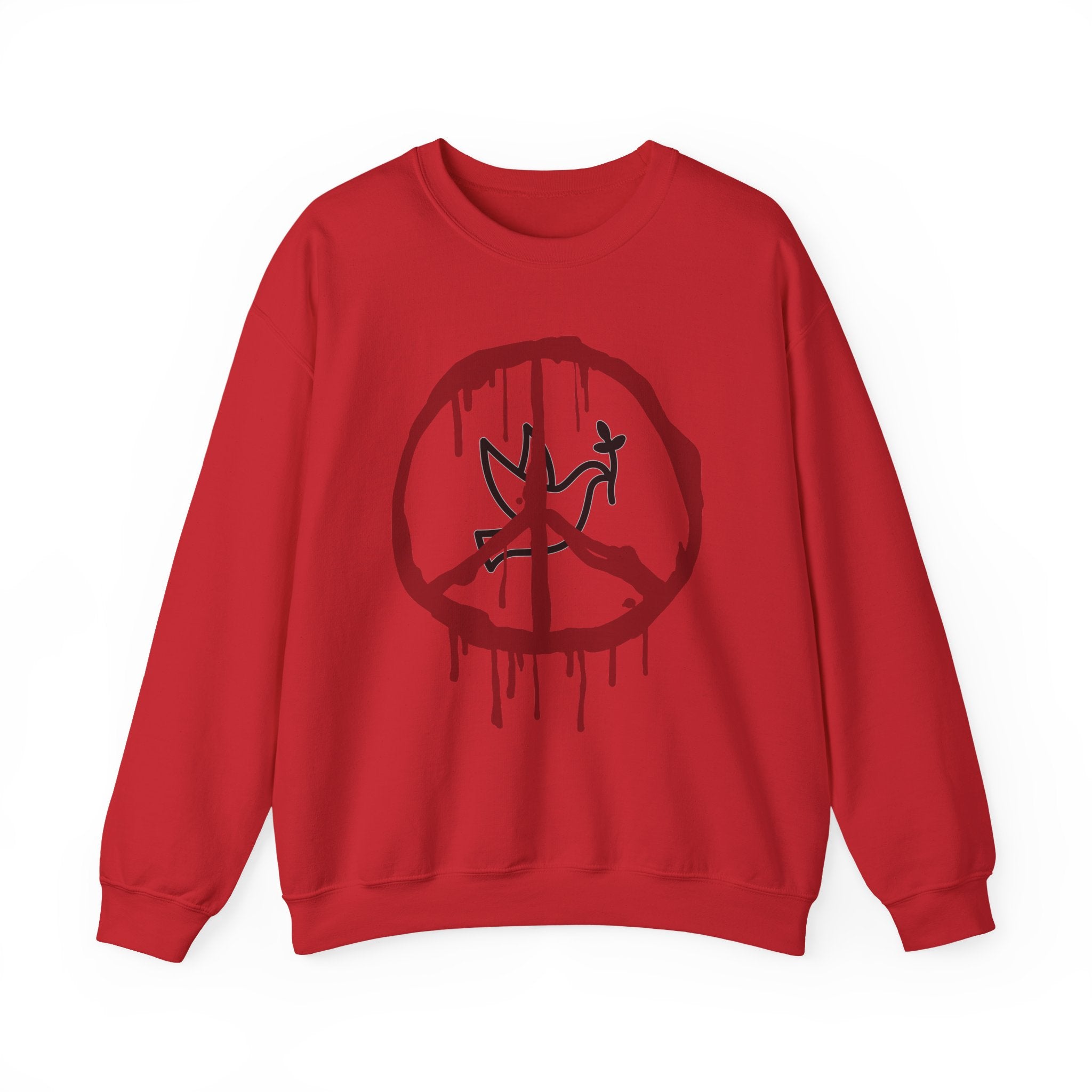 Red sweatshirt with a black peace symbol design on a white background