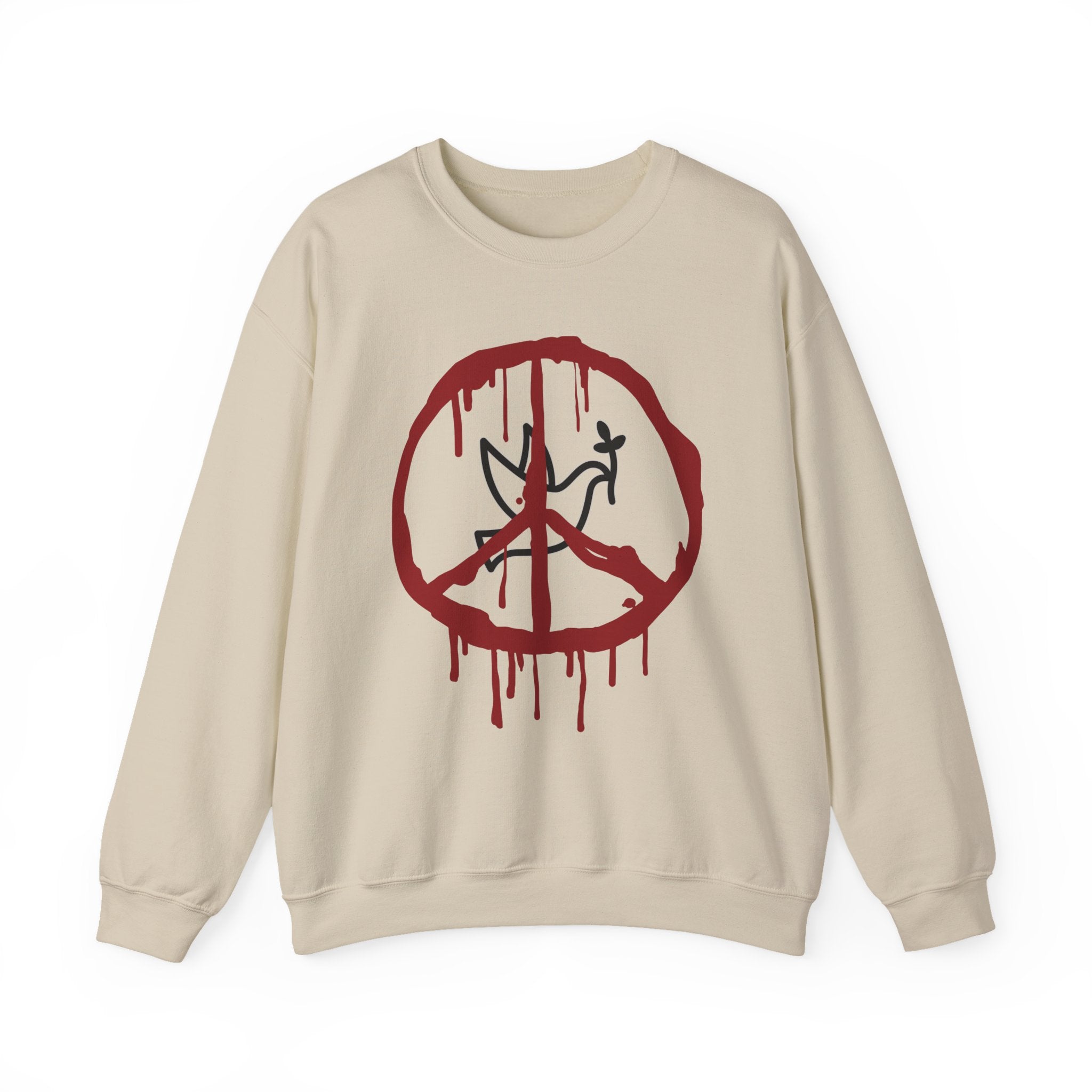 Beige sweatshirt with a red peace symbol design on a white background