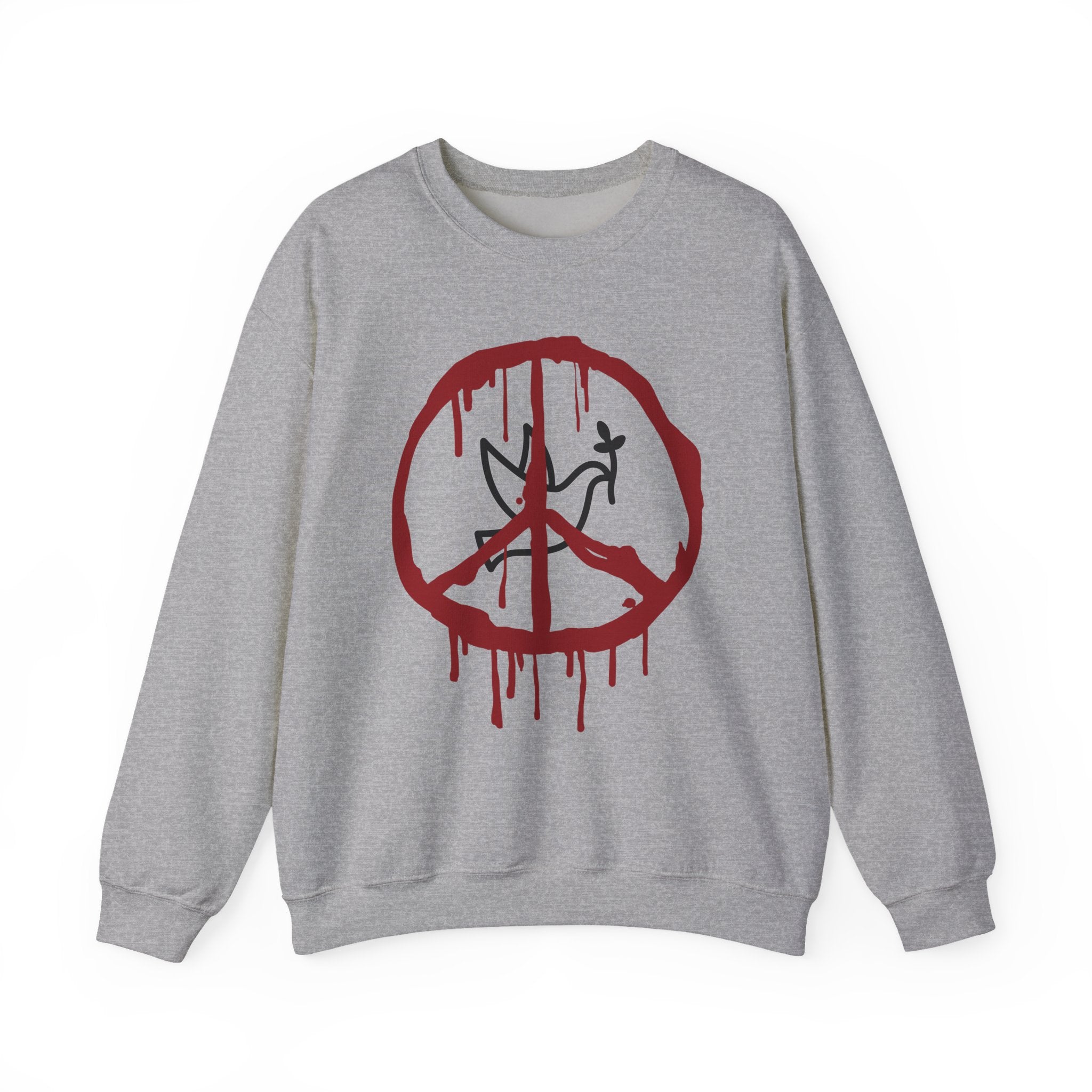 Gray sweatshirt with a red peace symbol design on a white background