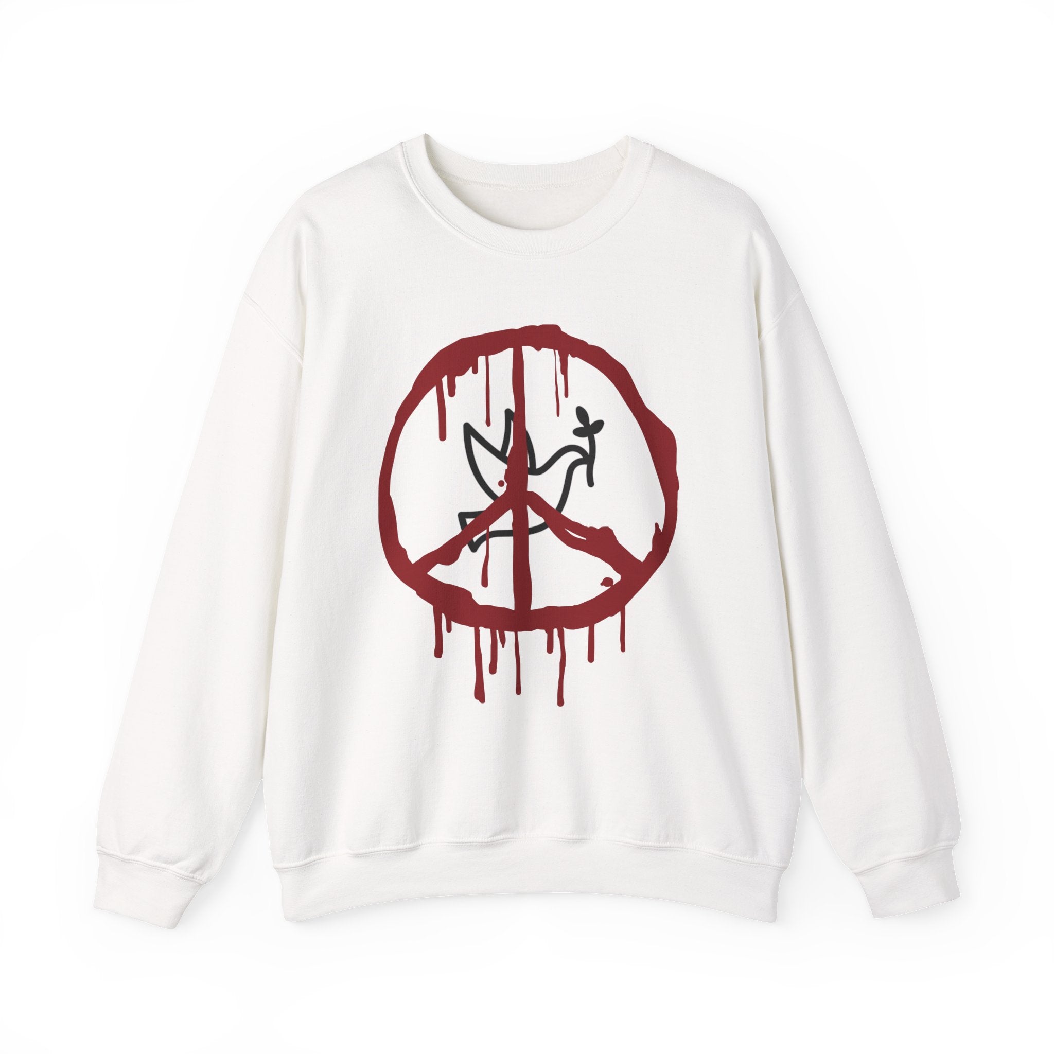 White sweatshirt with a red peace symbol design on a white background