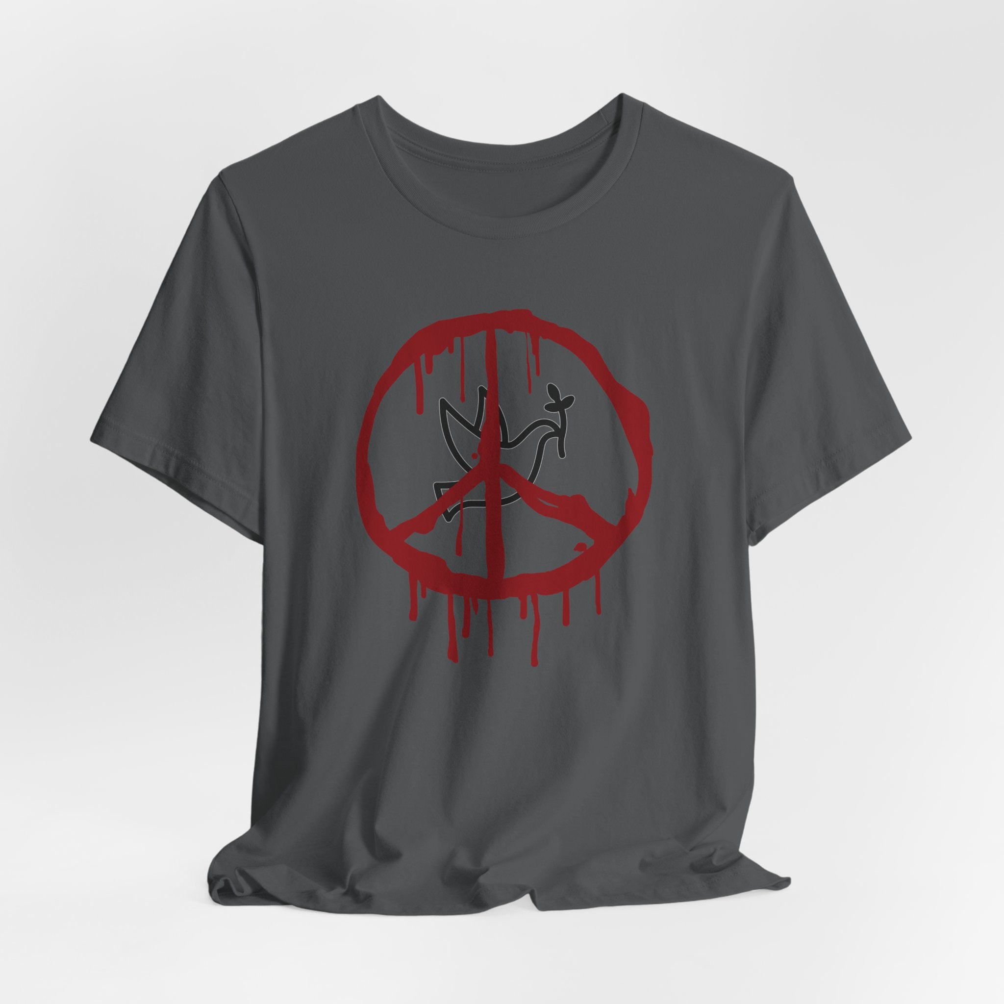Asphalt gray t-shirt with a bloody peace symbol design in front of dove graphic on a white background
