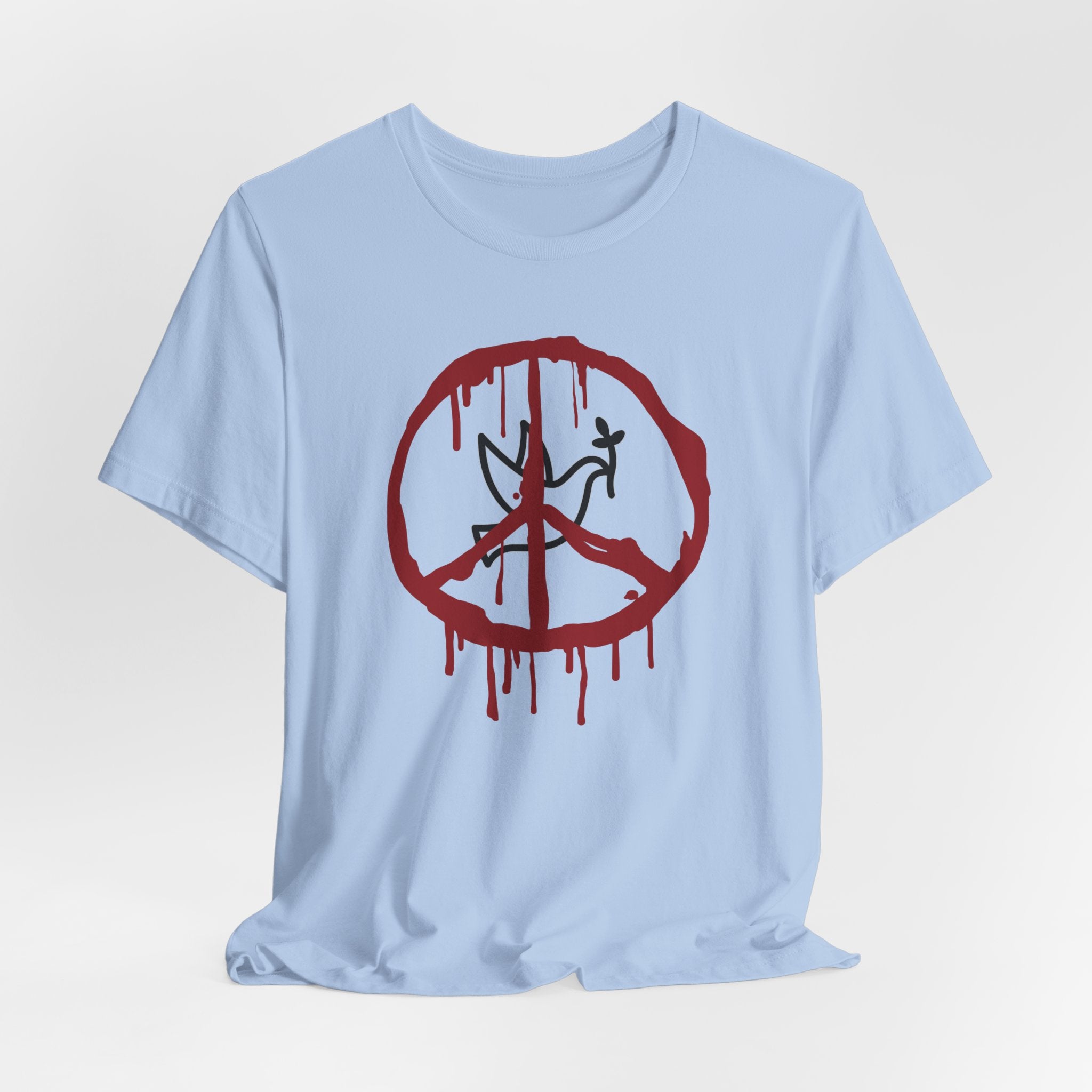 Light blue t-shirt with a bloody peace symbol design in front of dove graphic on a white background