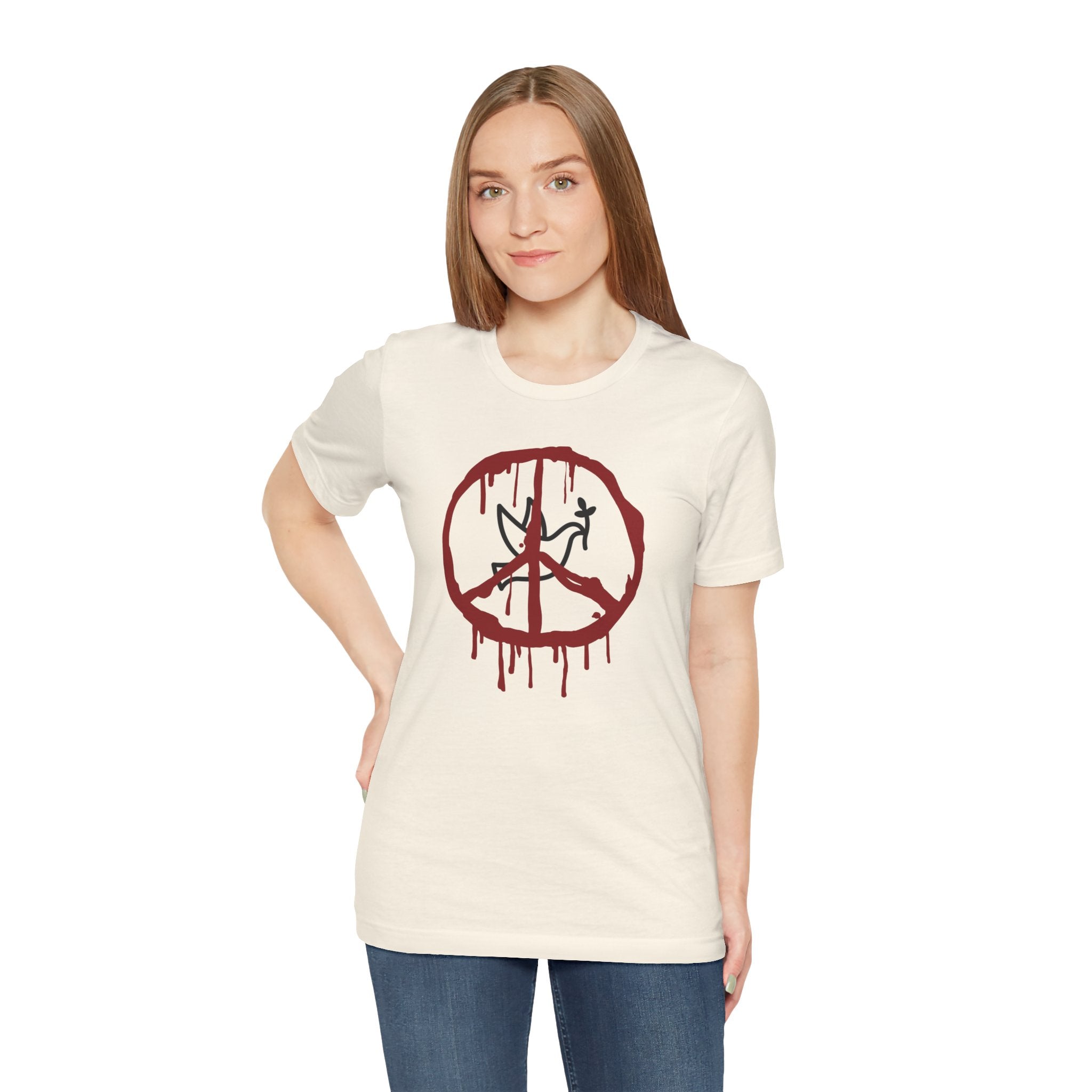 Woman wearing a white t-shirt with a red peace symbol design on a white background
