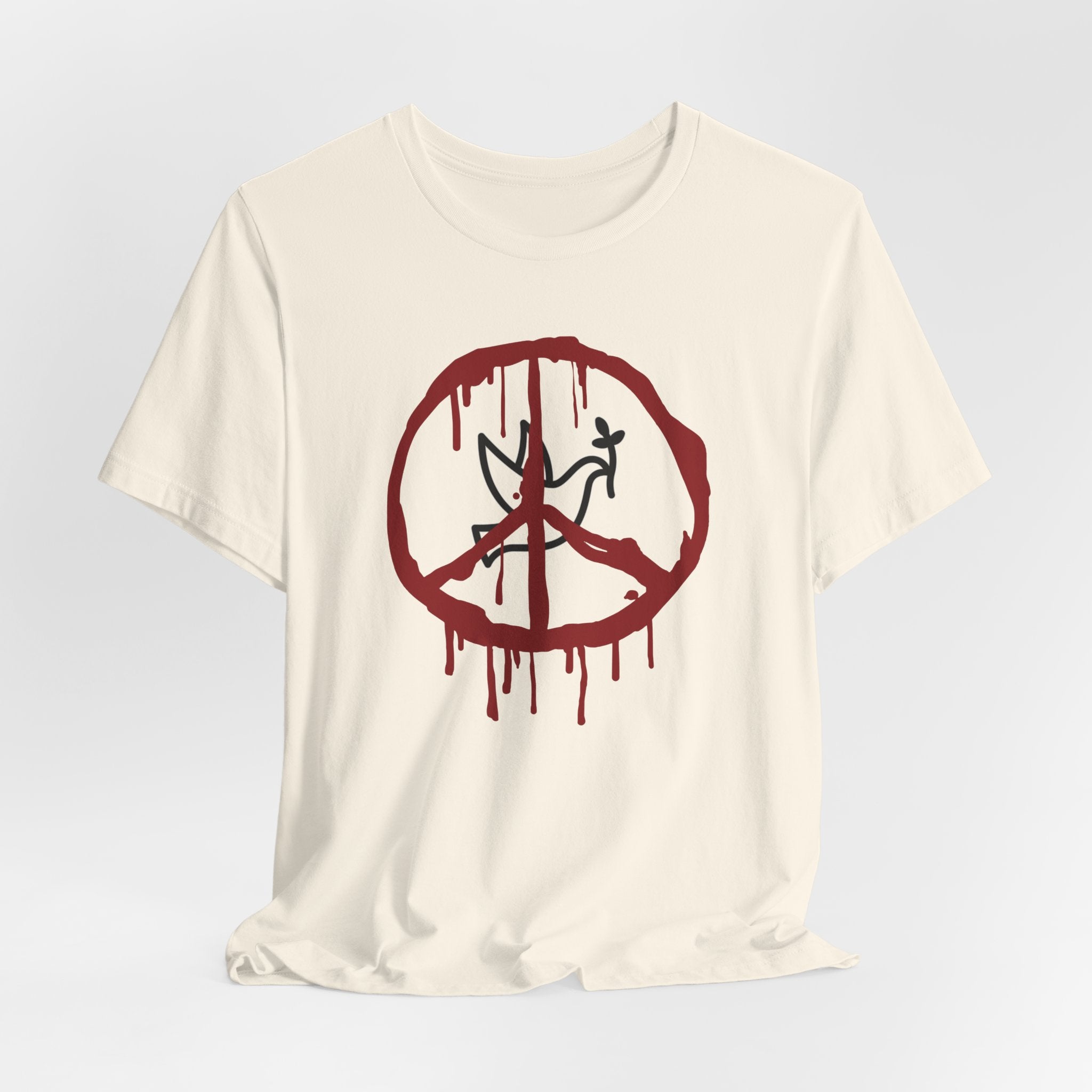 Ivory beige t-shirt with a bloody peace symbol design in front of dove graphic on a white background