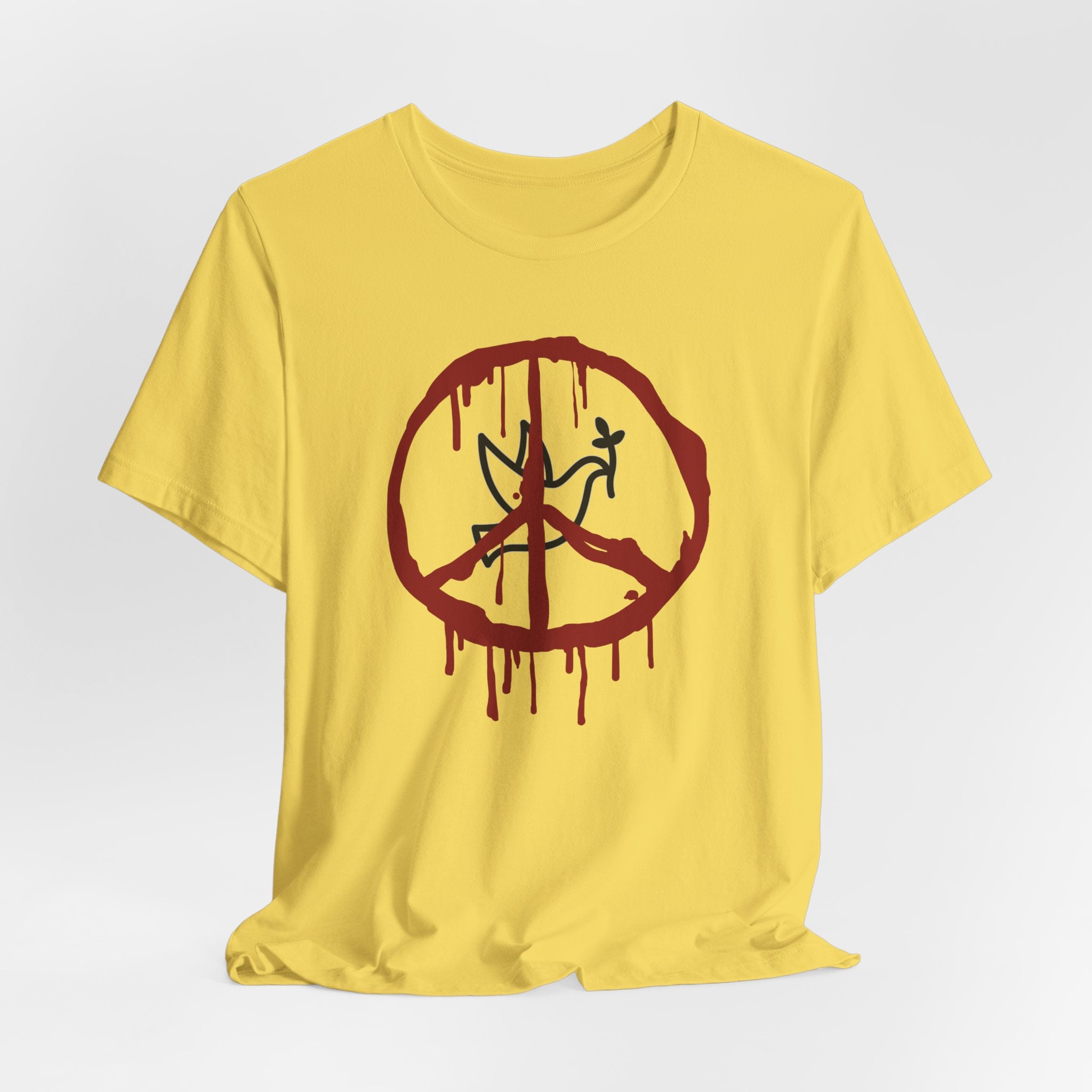 Maze yellow t-shirt with a bloody peace symbol design in front of dove graphic on a white background
