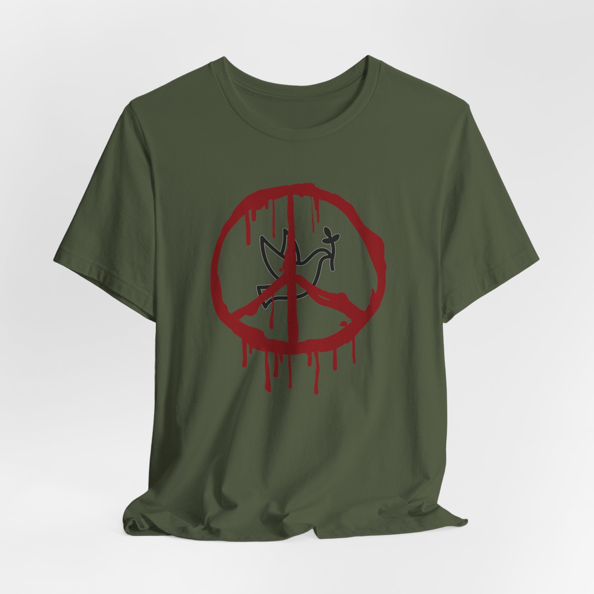 Military green t-shirt with a bloody peace symbol design in front of dove graphic on a white background