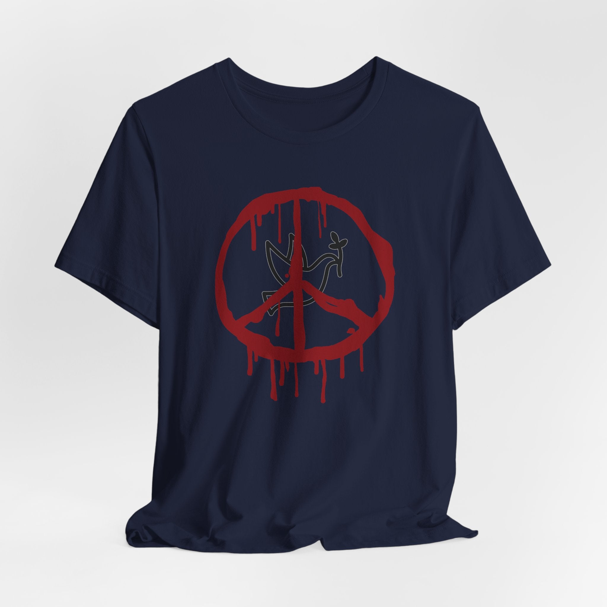 Navy blue t-shirt with a bloody peace symbol design in front of dove graphic on a white background
