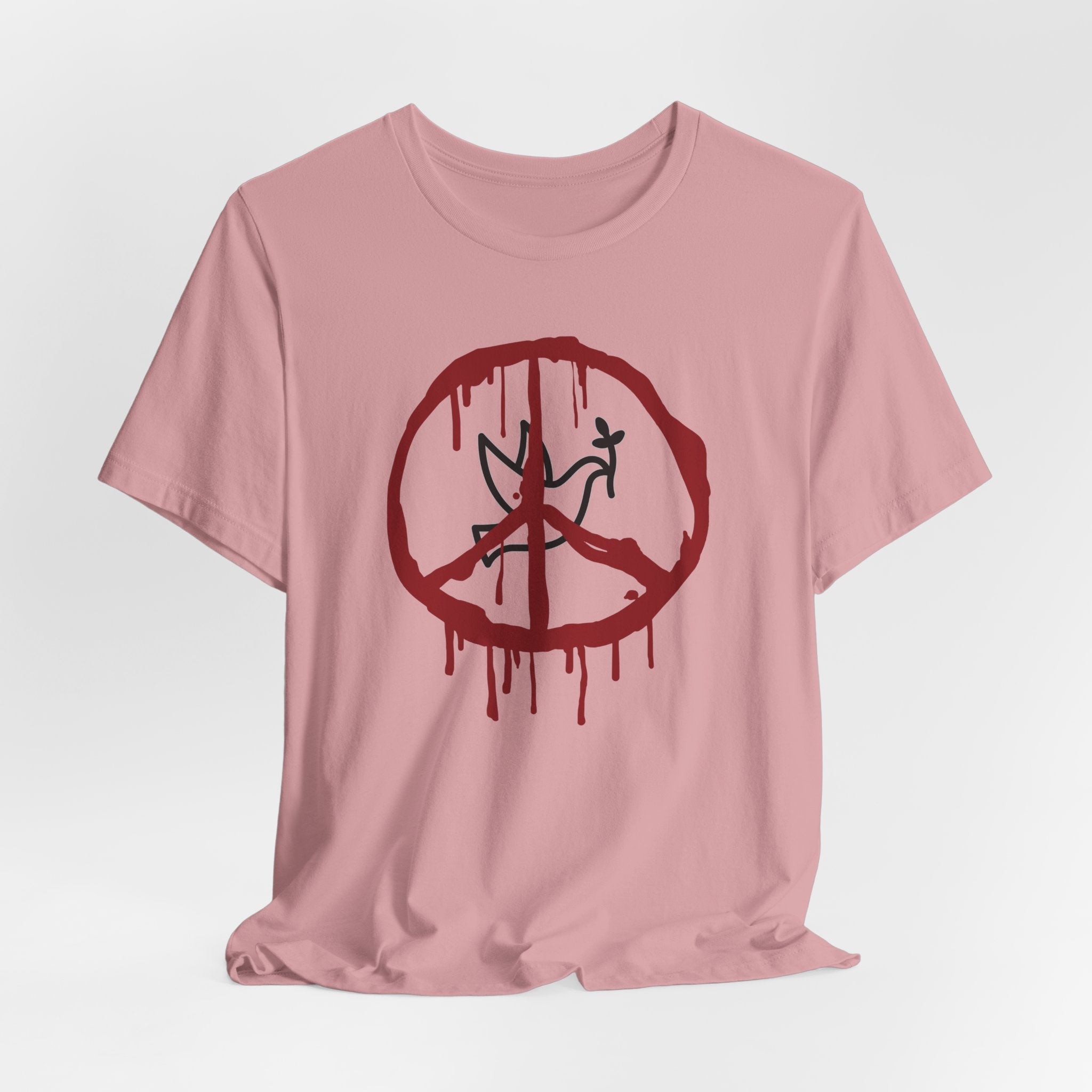 Orchid pink t-shirt with a bloody peace symbol design in front of dove graphic on a white background