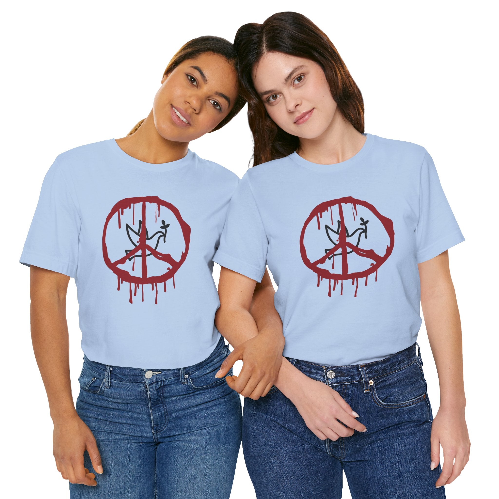 Two people wearing light blue t-shirts with a red peace symbol design on a white background