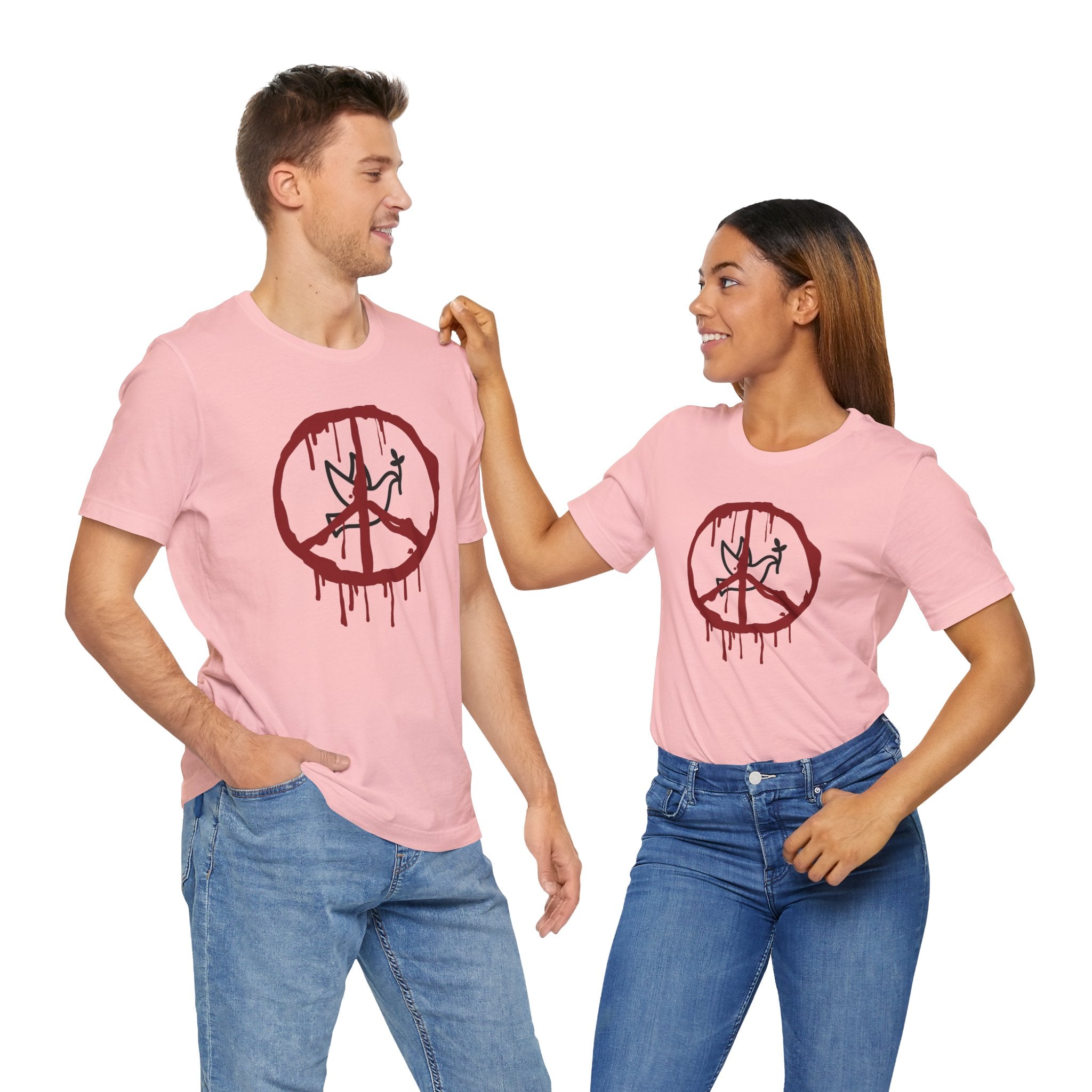 Two people wearing pink t-shirts with a graphic design on a white background