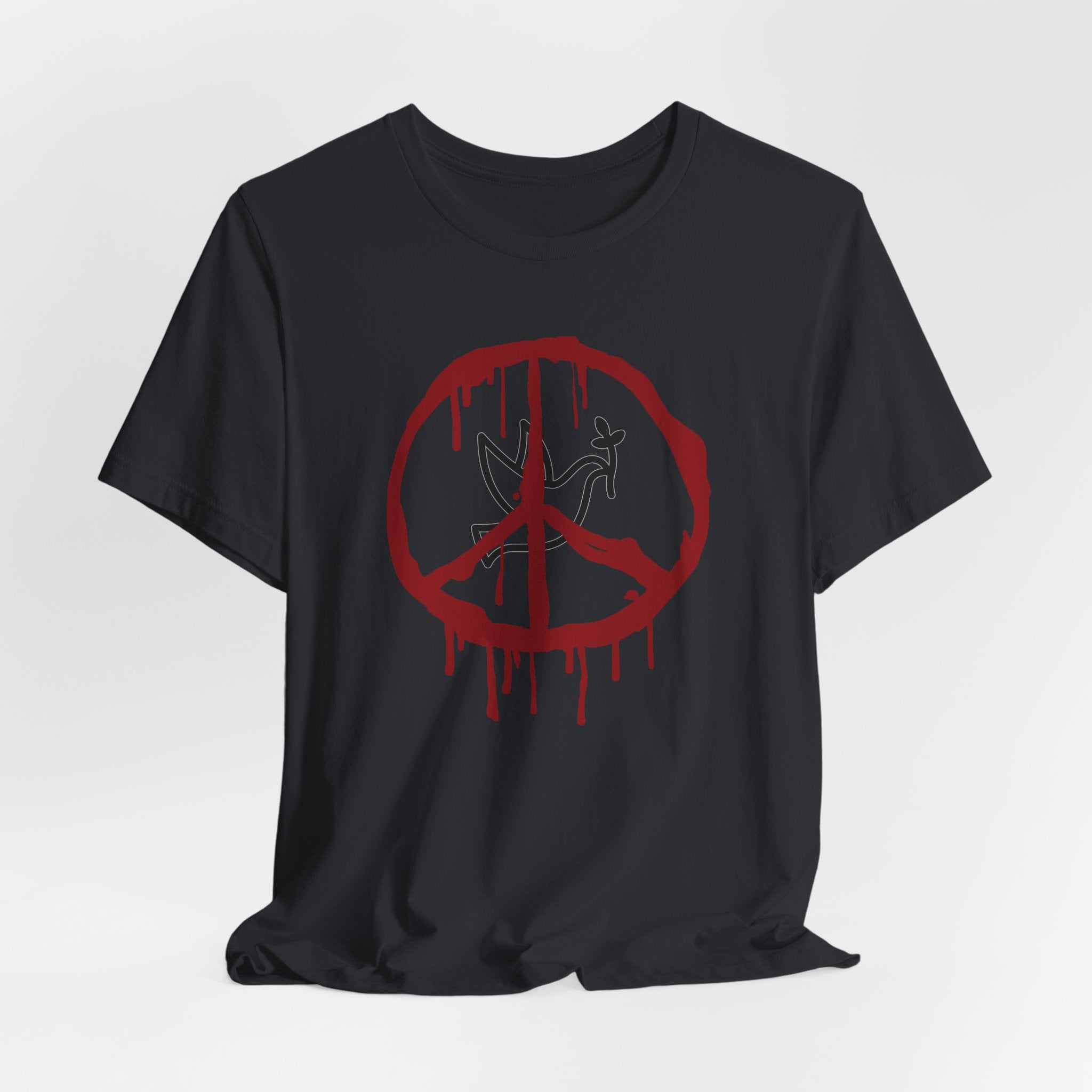 Vintage black t-shirt with a bloody peace symbol design in front of dove graphic on a white background