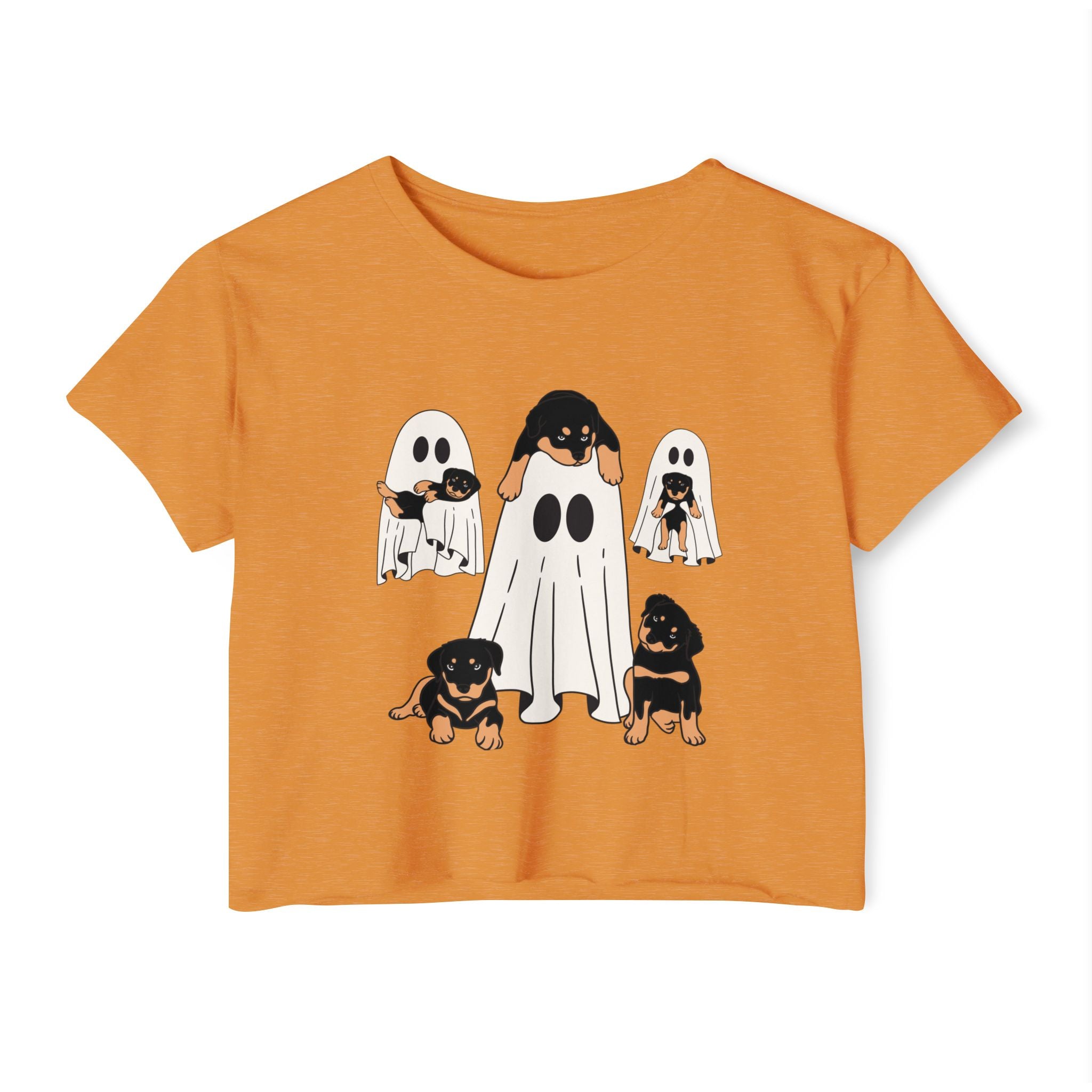 Antique gold orange t-shirt with Halloween-themed design of a person in a ghost costume with dogs on a white background