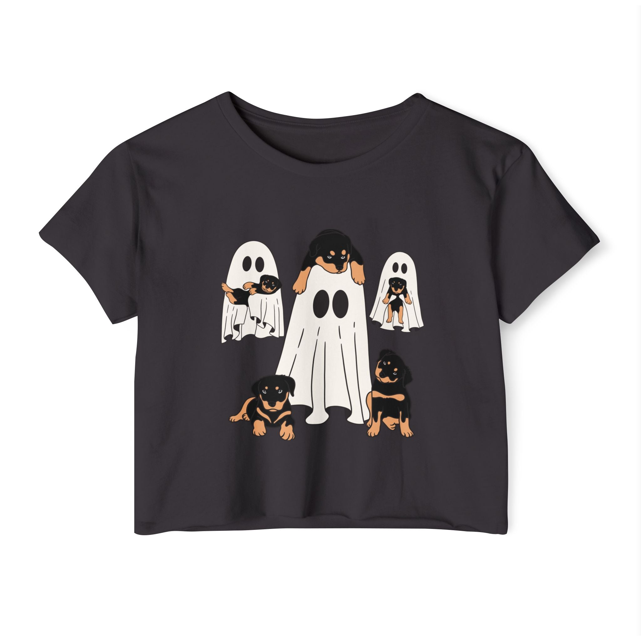 Black t-shirt with Halloween-themed design featuring ghosts and dogs on a white background