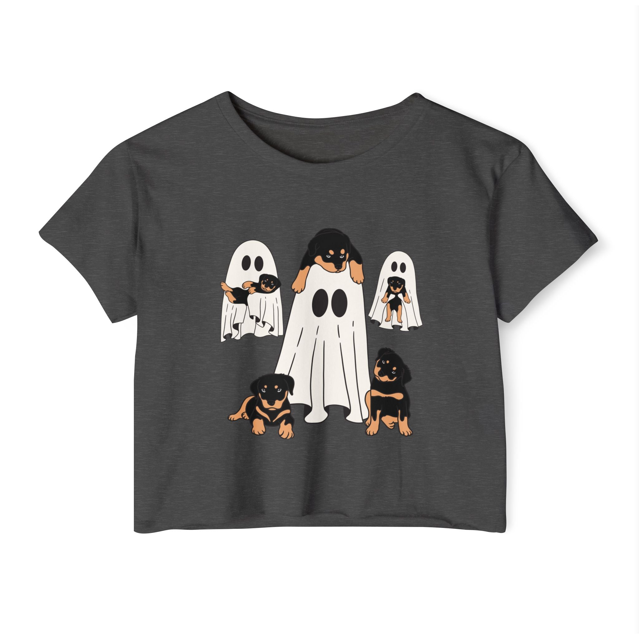 Charcoal gray t-shirt with Halloween-themed design of dogs in ghost and witch costumes on a white background.