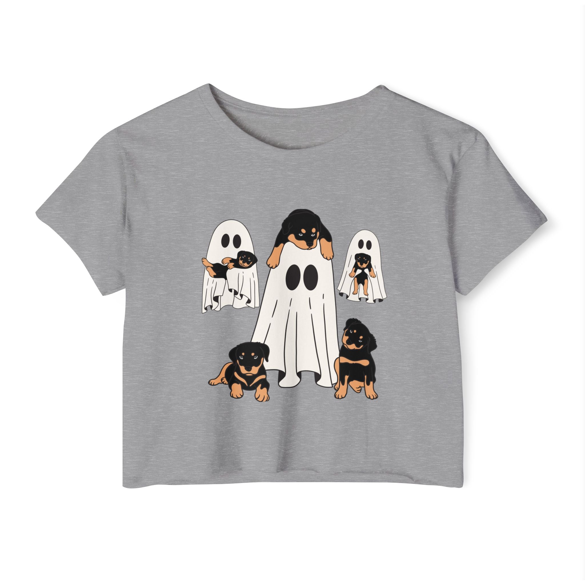 Gray t-shirt with Halloween-themed design of dogs in ghost costumes on a white background