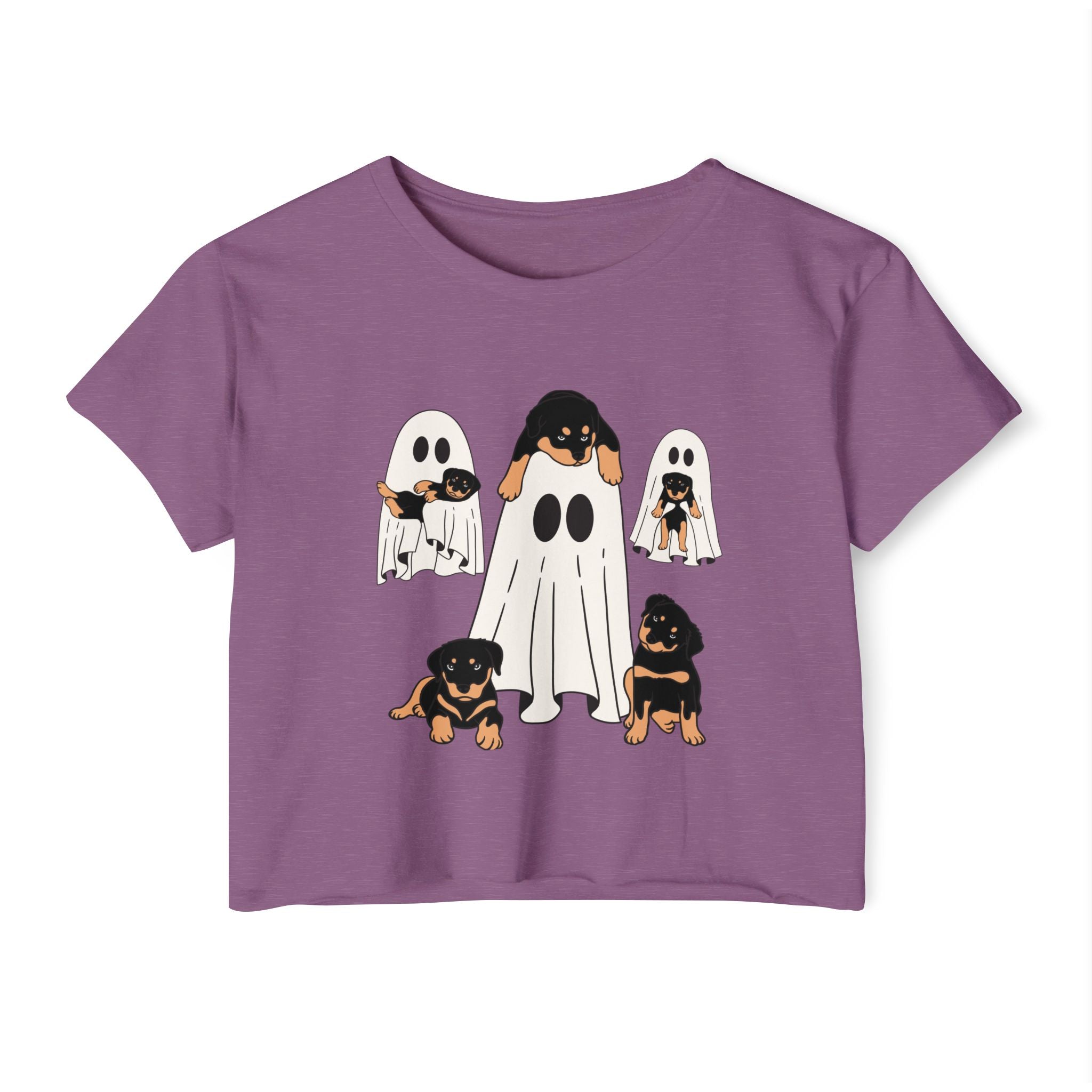 Shiraz purple t-shirt with Halloween-themed design of dogs in ghost costumes on a white background