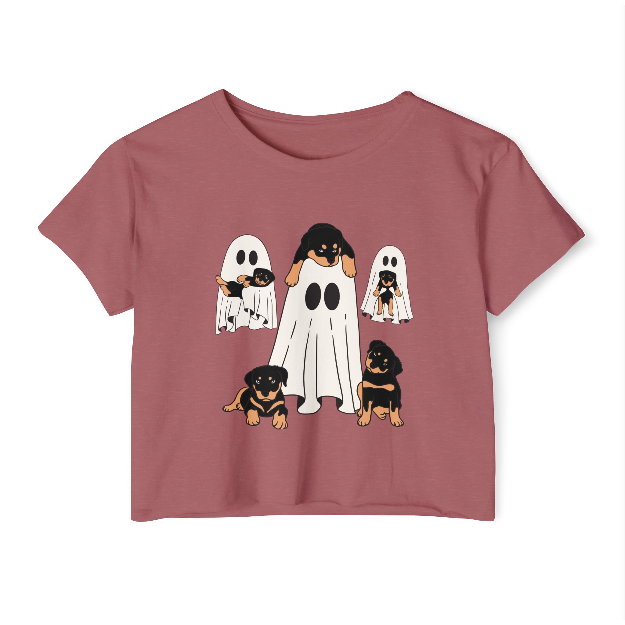 Smoked paprika t-shirt with cartoon ghosts and dogs design on a white background