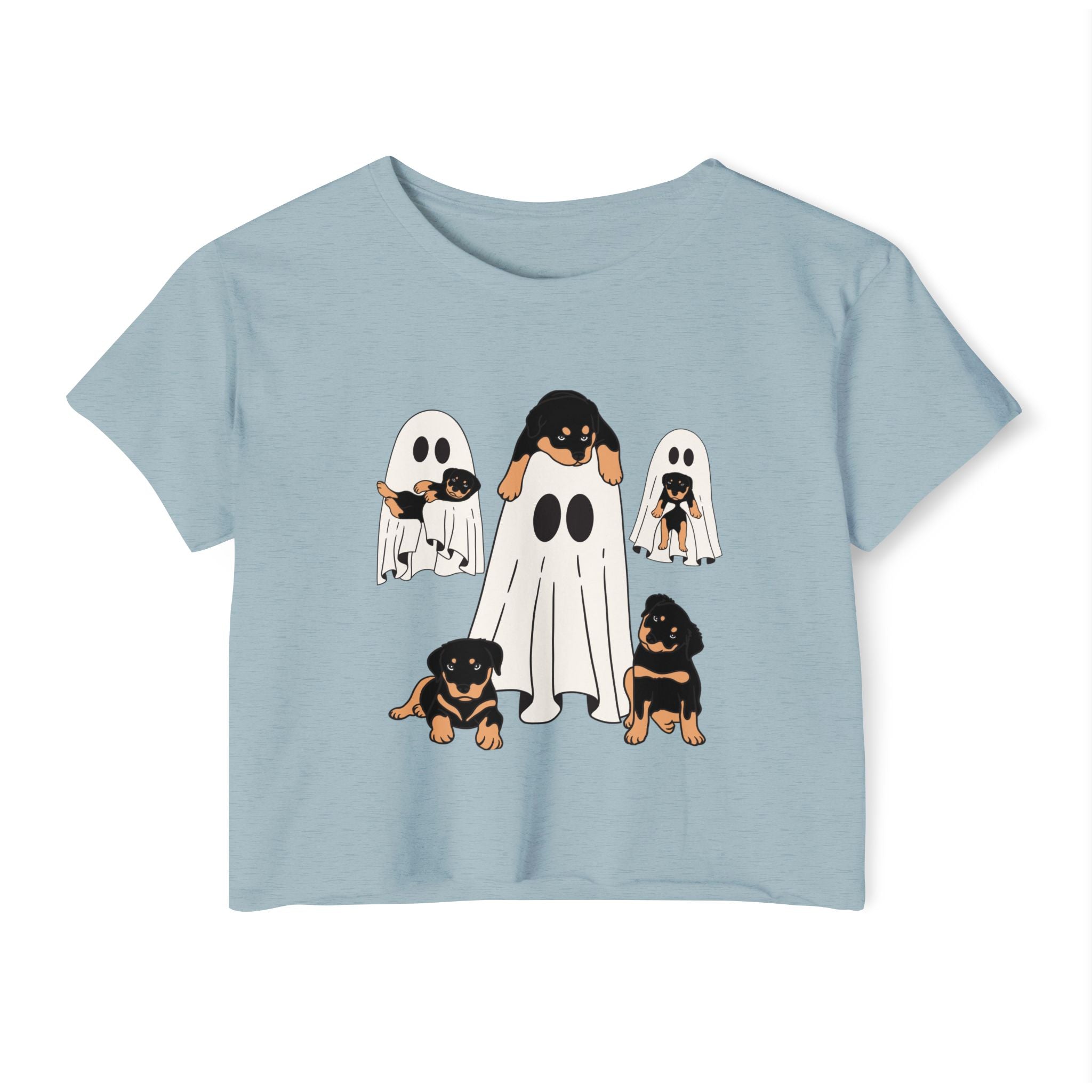 Stonewash denim light blue t-shirt with Halloween-themed design of dogs in ghost costumes on a white background