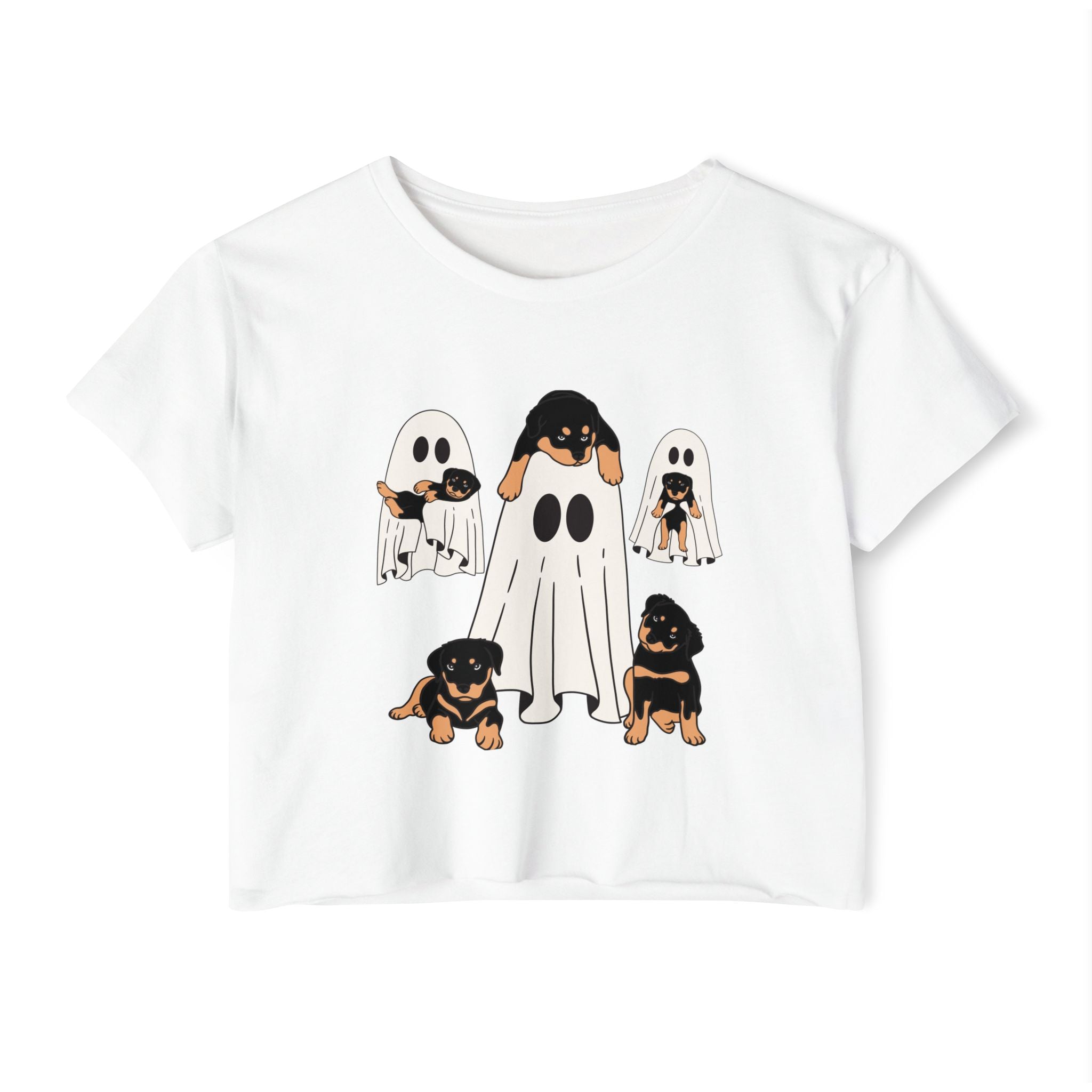 White t-shirt with cartoon ghosts and dogs design on a white background
