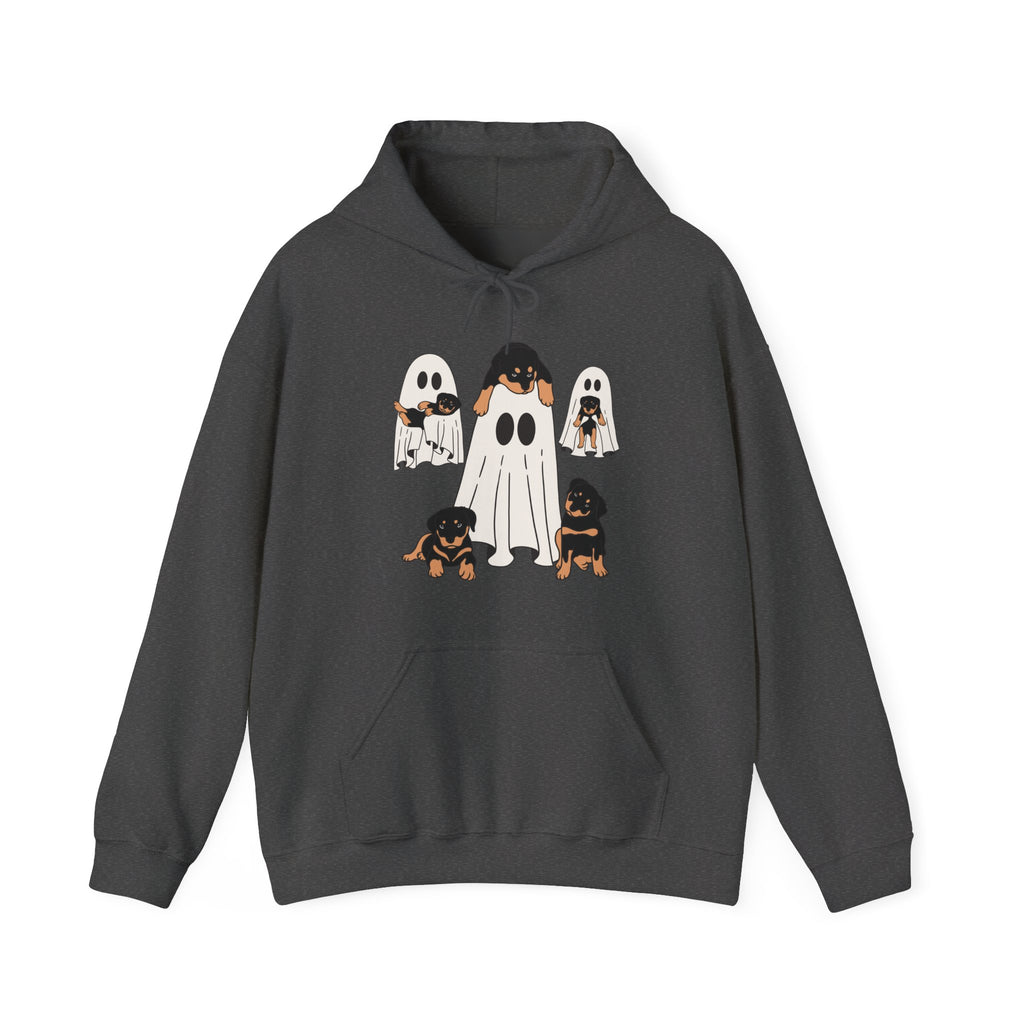 Dark gray hoodie with ghost and dog design on a white background
