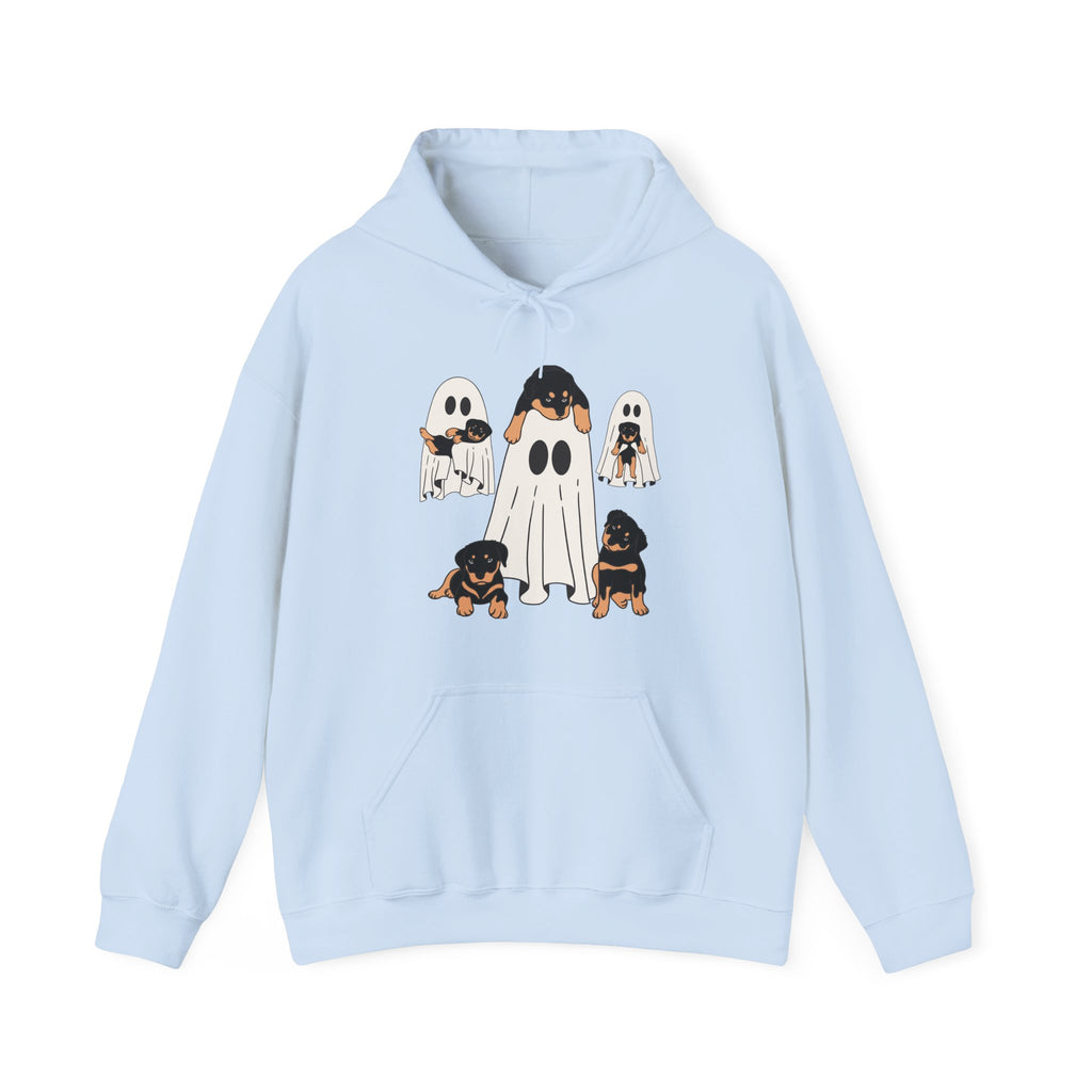 Light blue hoodie with Halloween-themed dog graphics on a white background