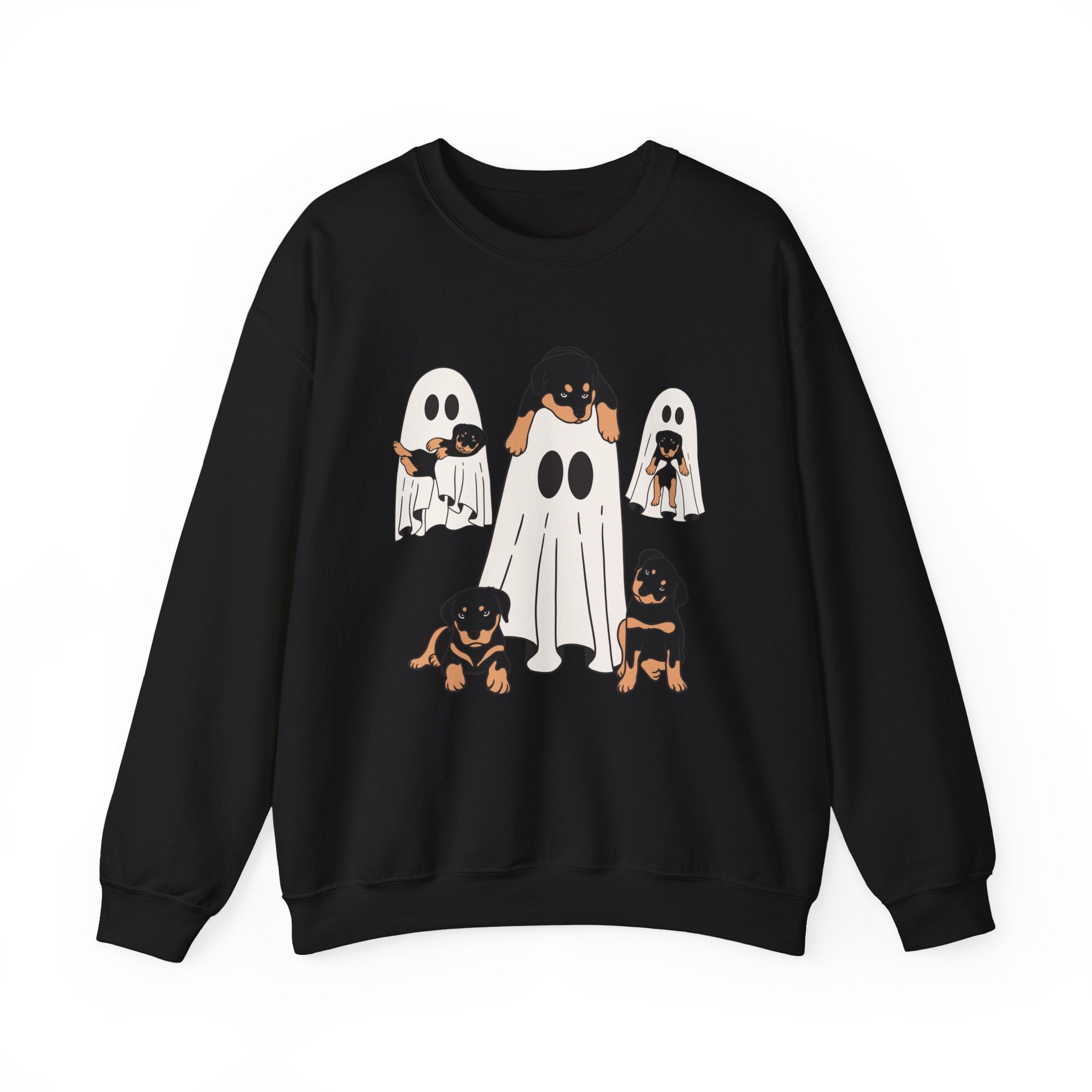 Black sweatshirt with ghost and dog design on a white background