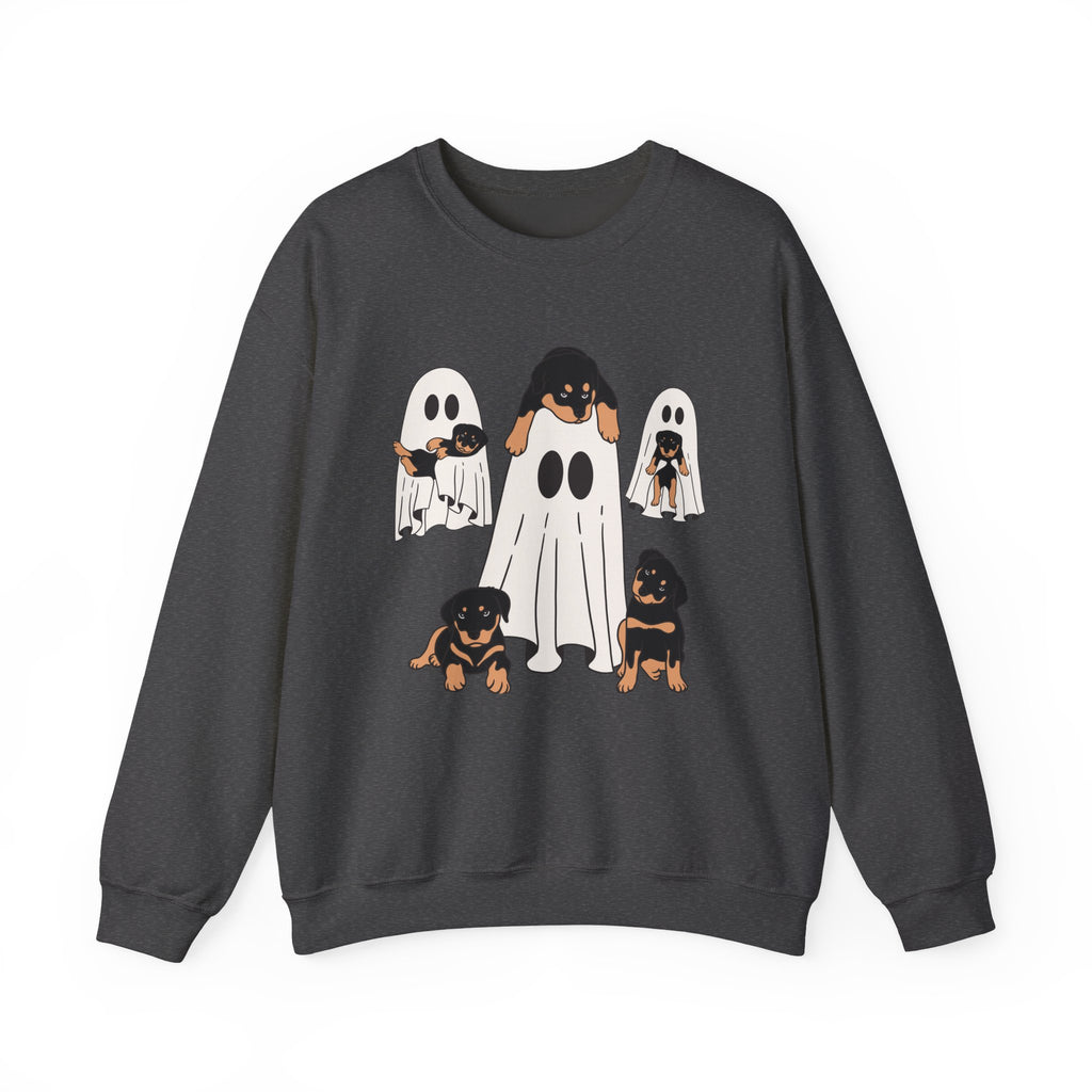Dark heather sweatshirt with ghost and dog illustrations on a white background