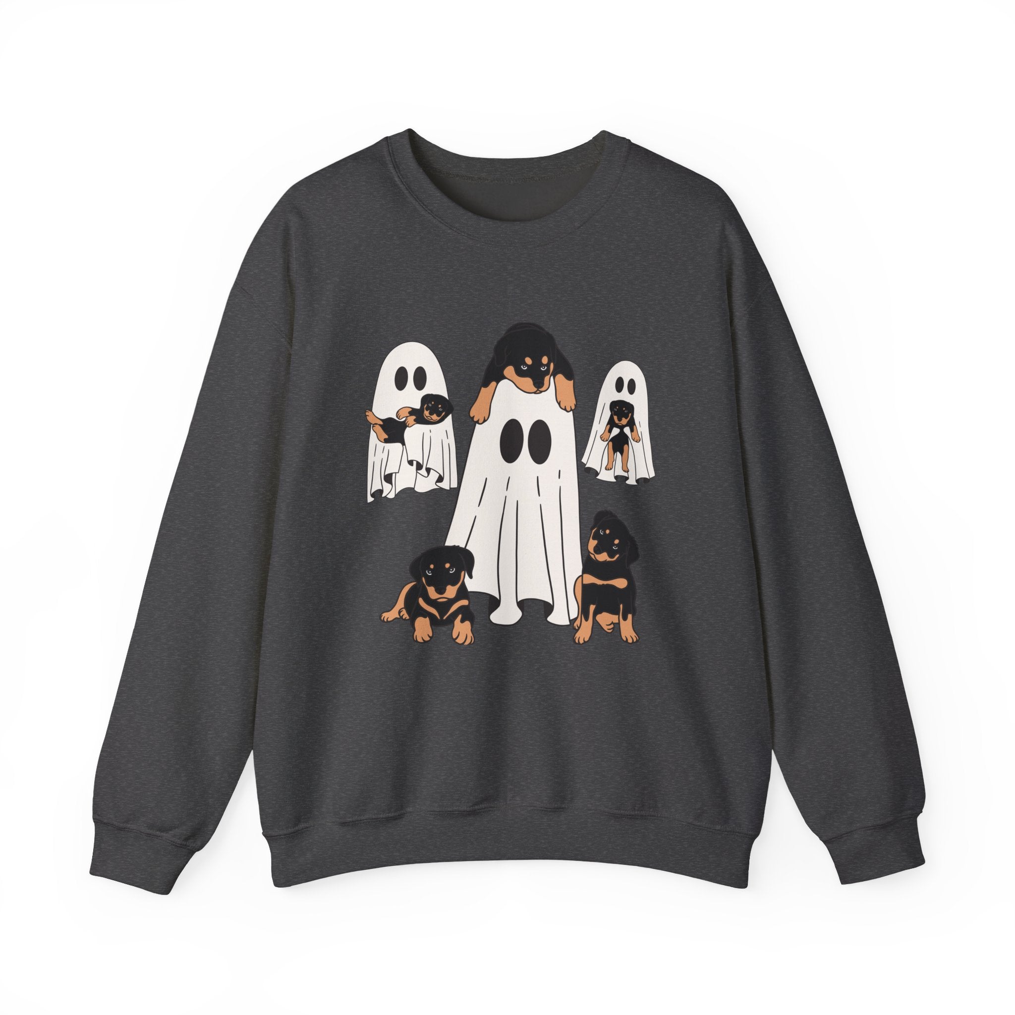 Dark heather sweatshirt with ghost and dog illustrations on a white background